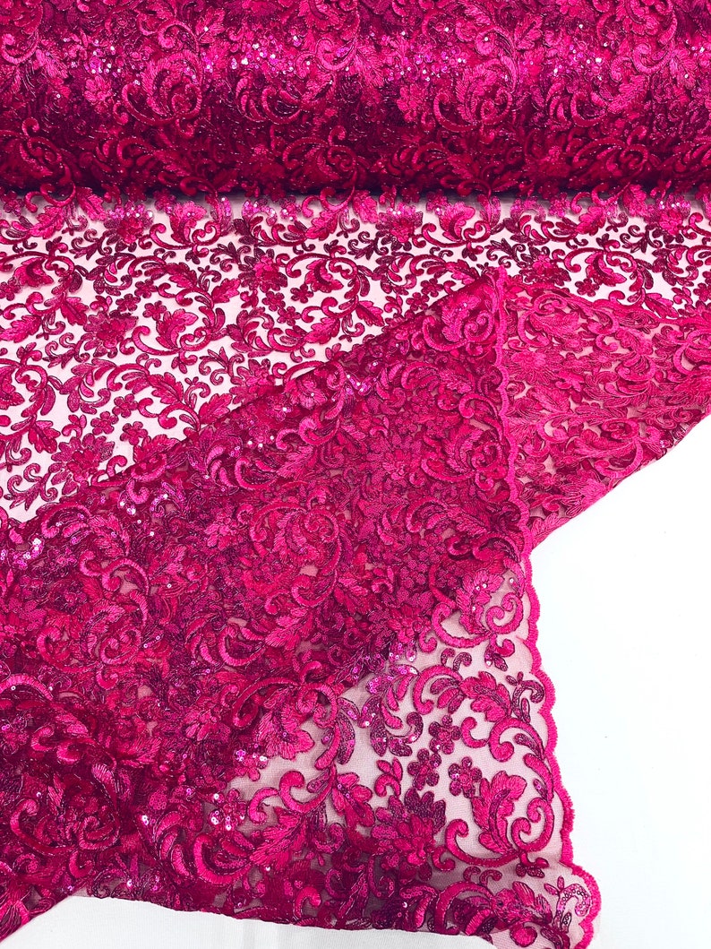 Flower Lace Sequins Corded Fabric - Fuchsia - Embroidery Floral Design Lace Fabric By Yard