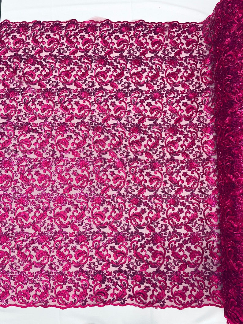 Flower Lace Sequins Corded Fabric - Fuchsia - Embroidery Floral Design Lace Fabric By Yard