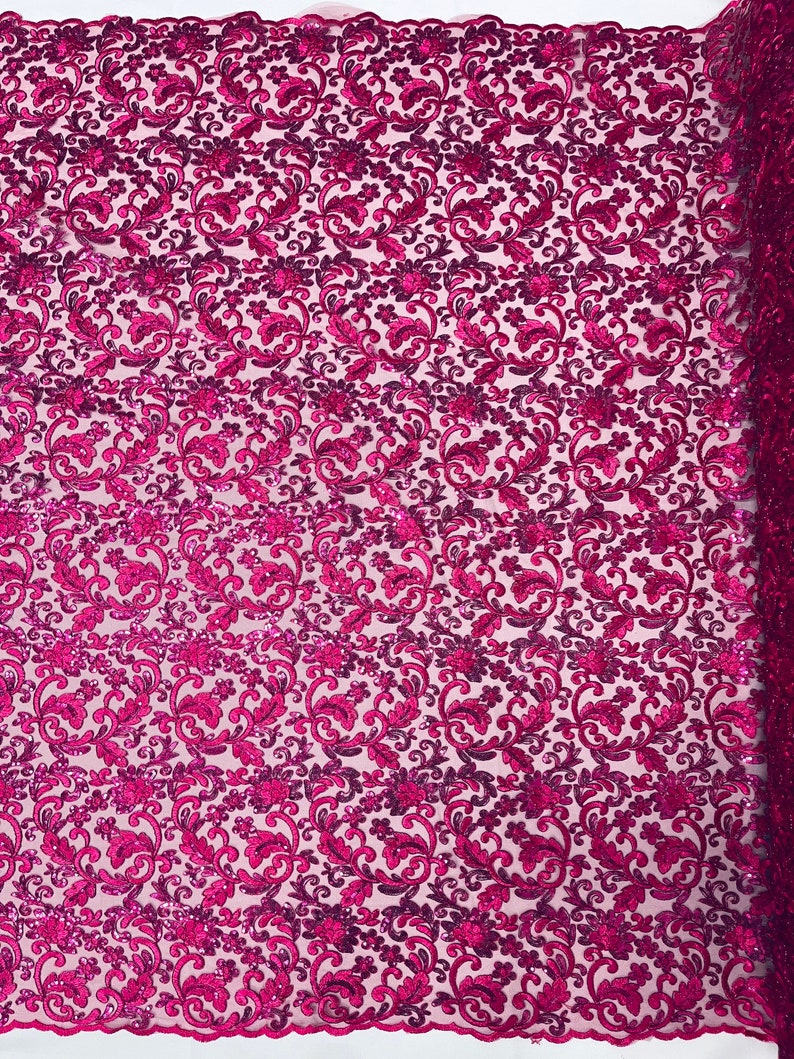 Flower Lace Sequins Corded Fabric - Fuchsia - Embroidery Floral Design Lace Fabric By Yard