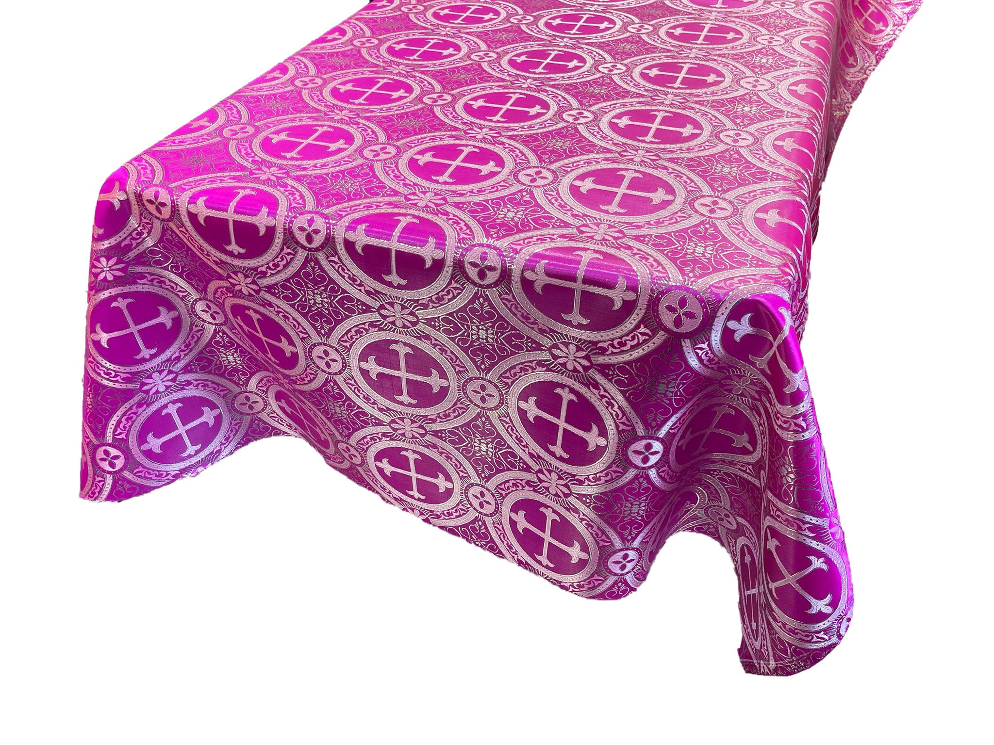 Fuchsia/Silver - Square Metallic Cross Brocade Jacquard Satin Table Overlay/Religious Brocade/Liturgical Fabric/Church.