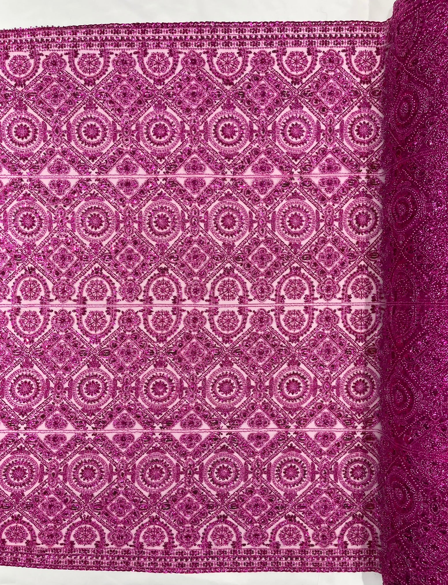 Geometric Beaded Lace Fabric, Heavy Embroidered Design on 58" Mesh for Dresses