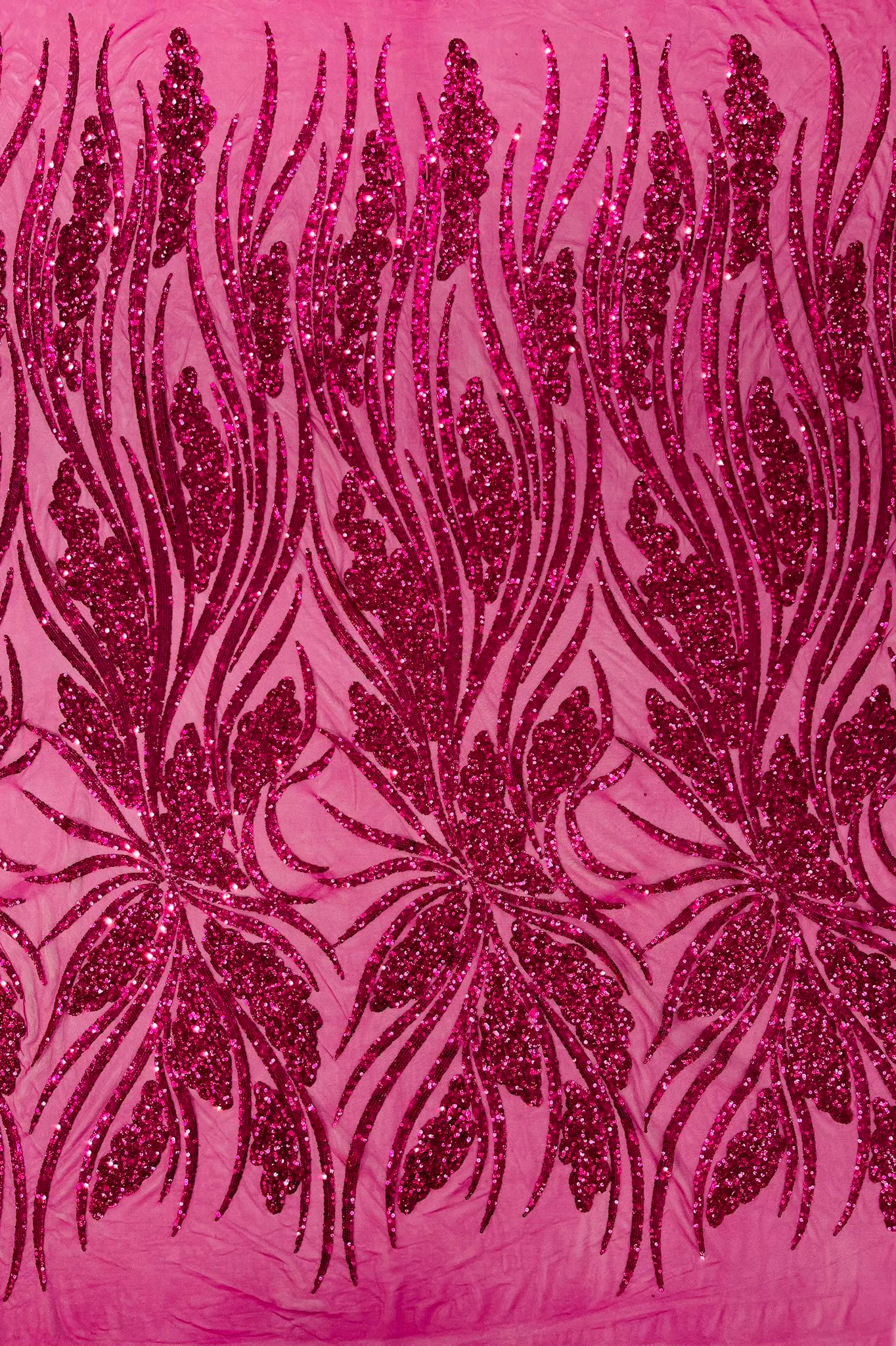 Feather damask shiny sequin design on a 4 way stretch White mesh Fabric-prom-sold by the yard.