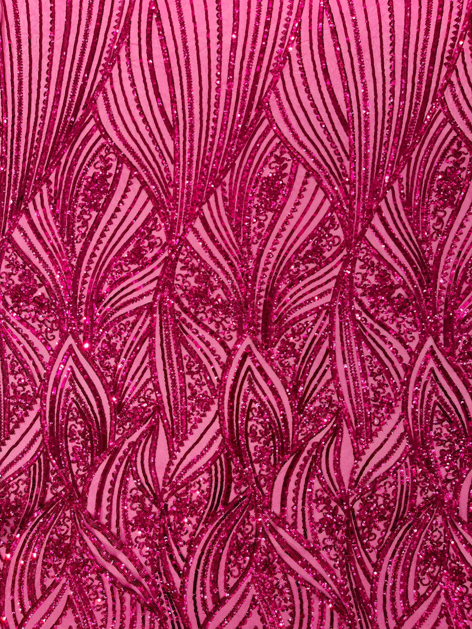 Geometric Feather wing shiny sequin design on a 4 way stretch mesh Fabric-prom-sold by the yard.