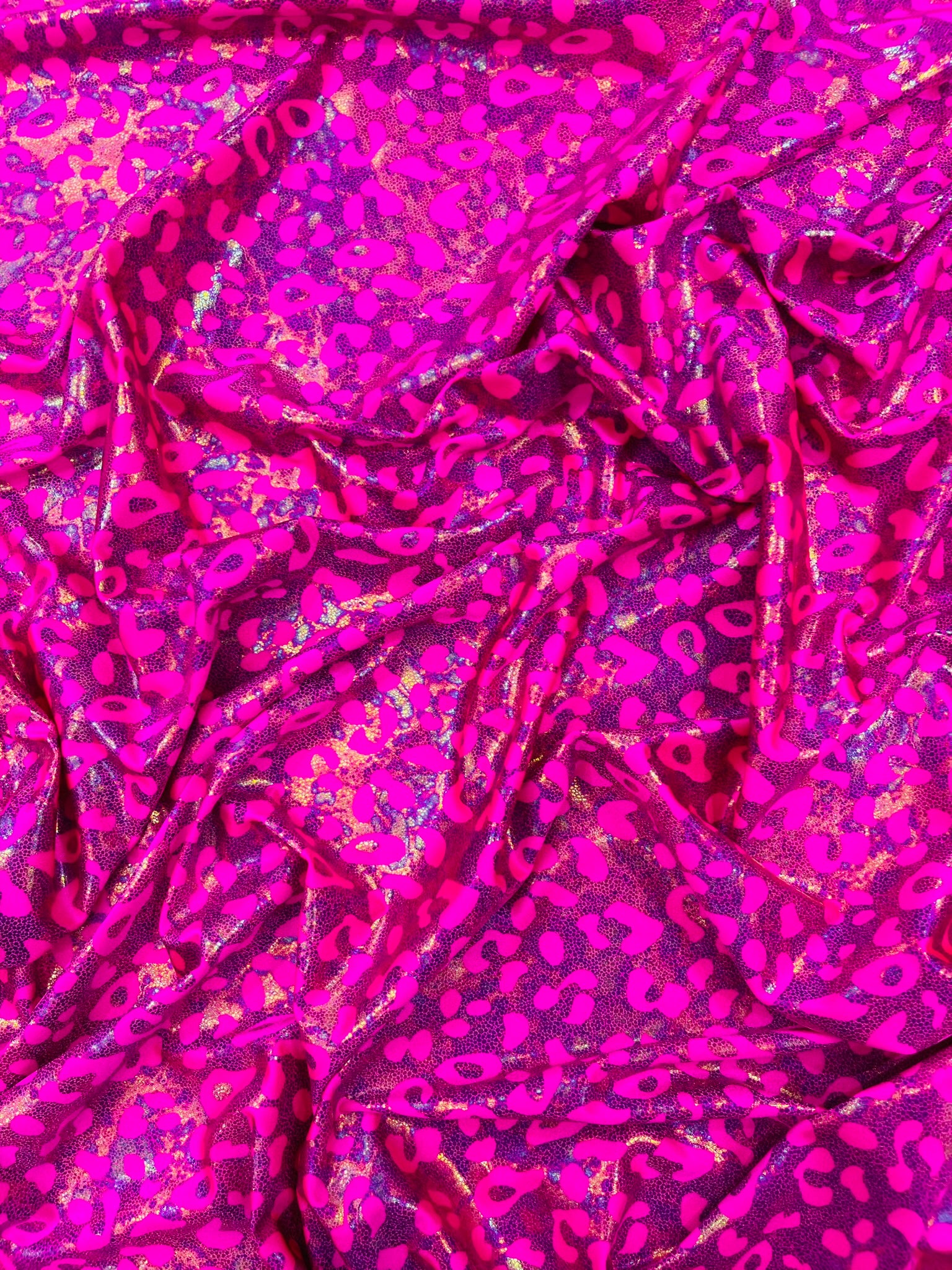 Leopard Oil Spill Metallic Print on a Stretch Nylon Spandex Tricot/Milliskin -Sold by the yard