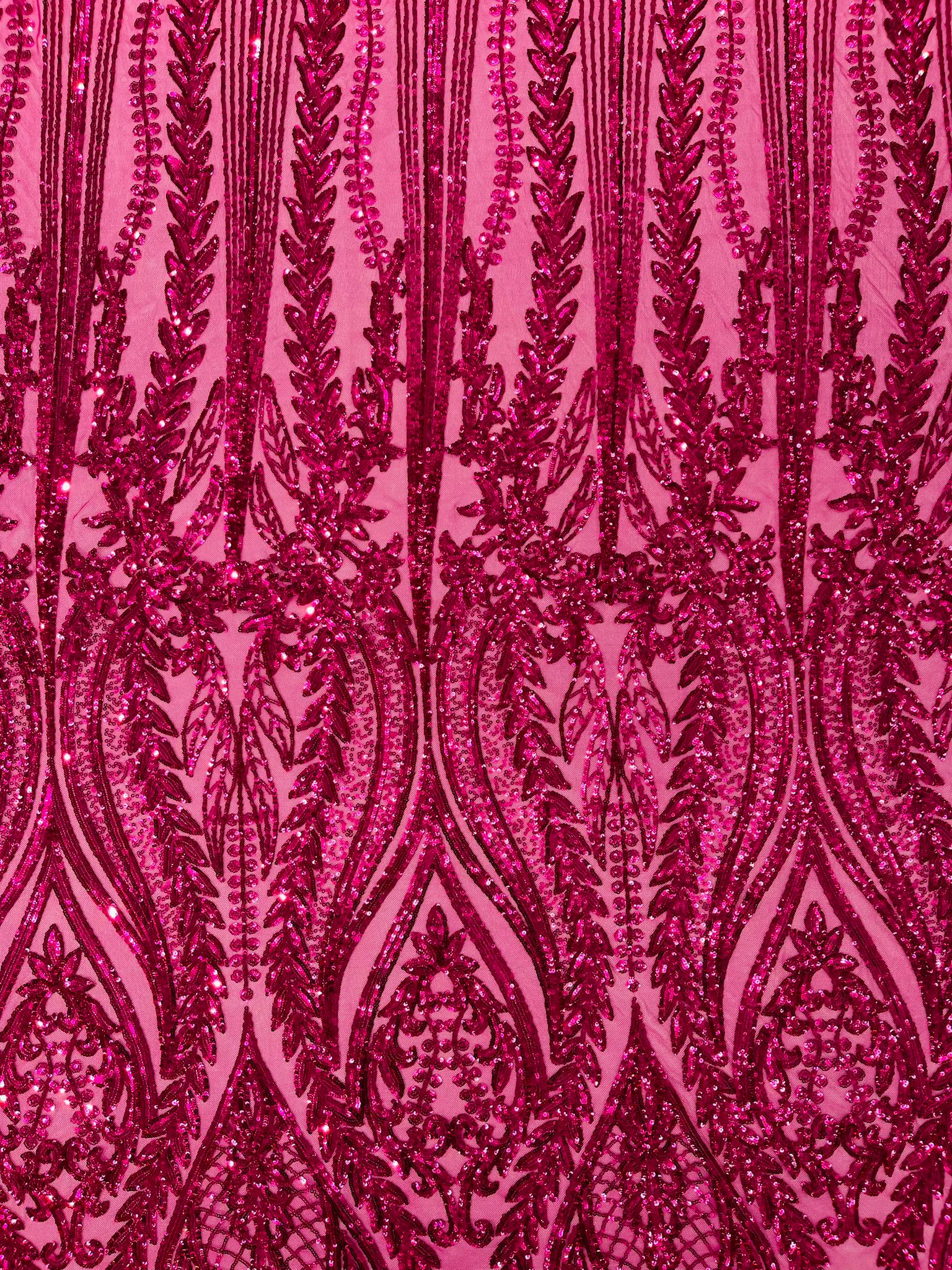 Damask design with sequins embroider on a 4 way stretch mesh fabric.