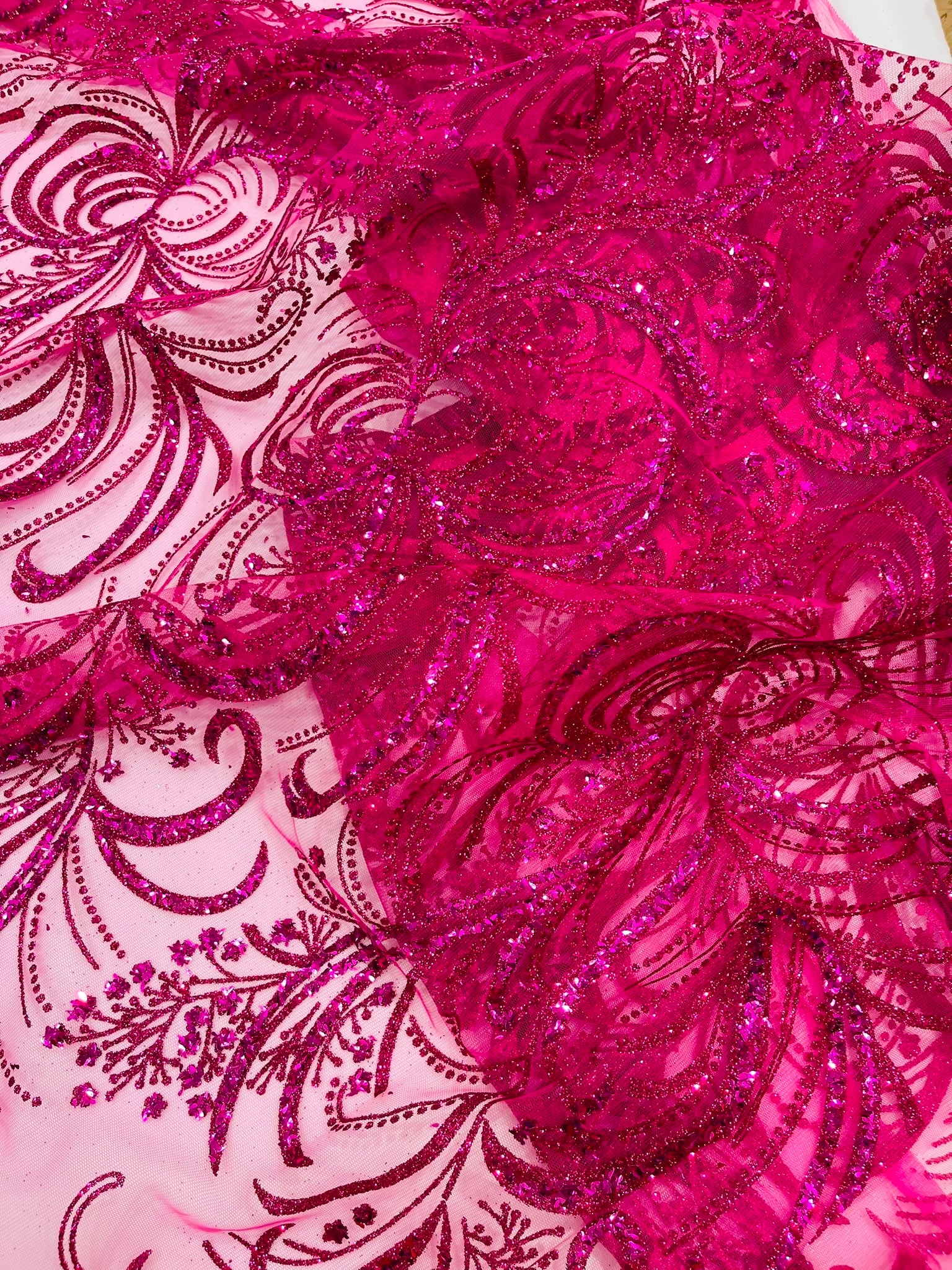 Palm Glitter Vine Design On A Mesh Lace Fabric 58"' Wide Prom.