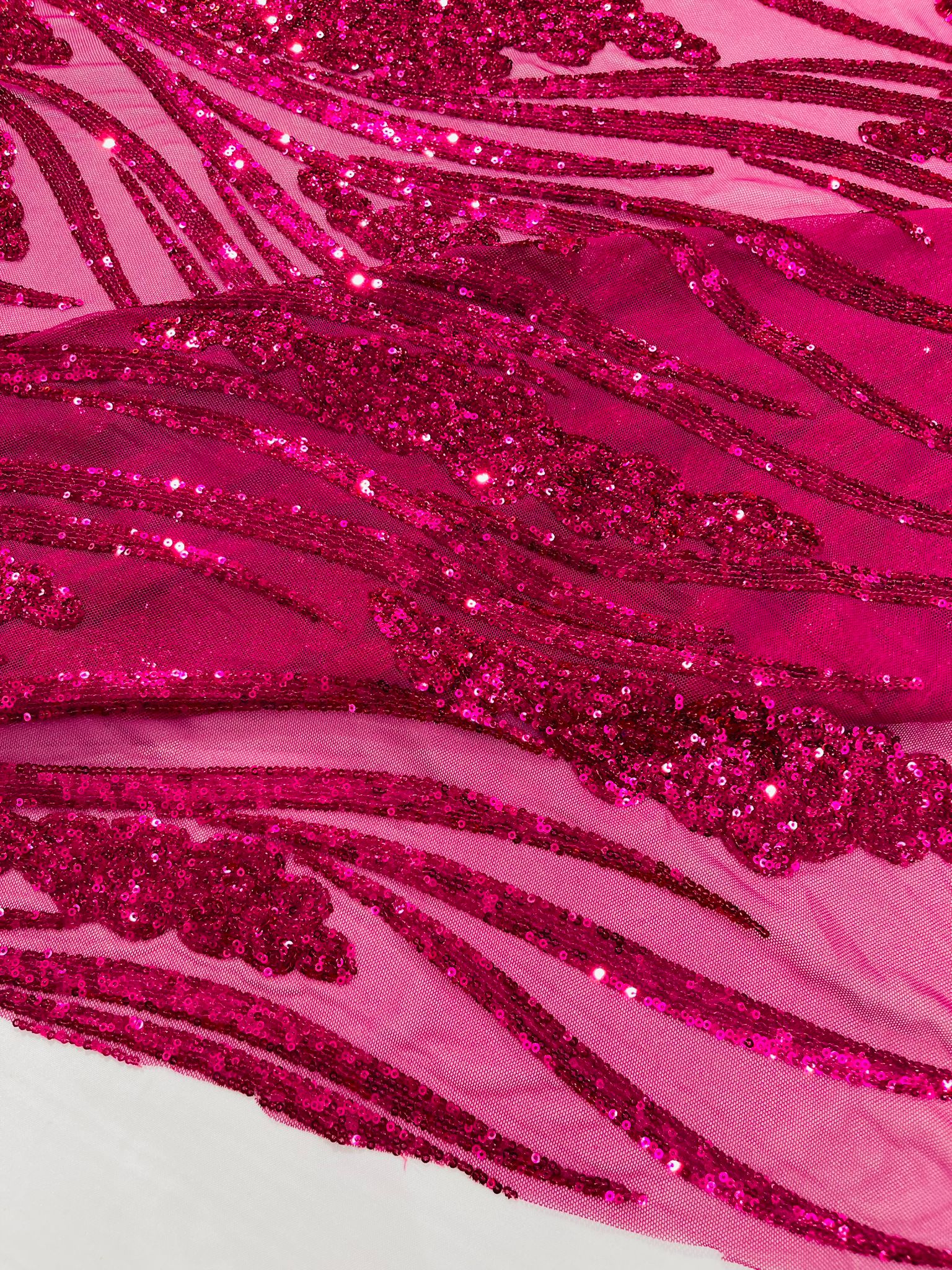 Feather damask shiny sequin design on a 4 way stretch White mesh Fabric-prom-sold by the yard.