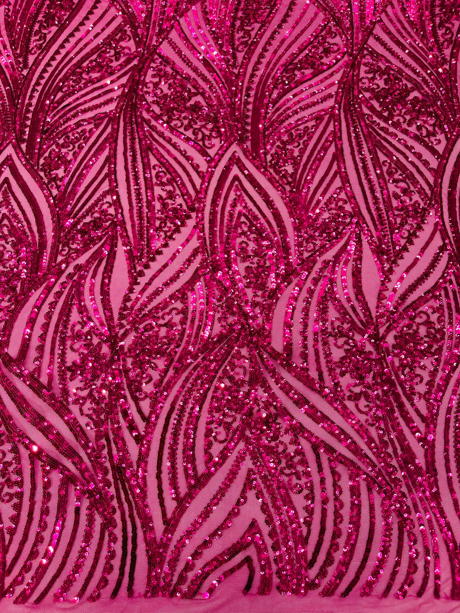 Geometric Feather wing shiny sequin design on a 4 way stretch mesh Fabric-prom-sold by the yard.