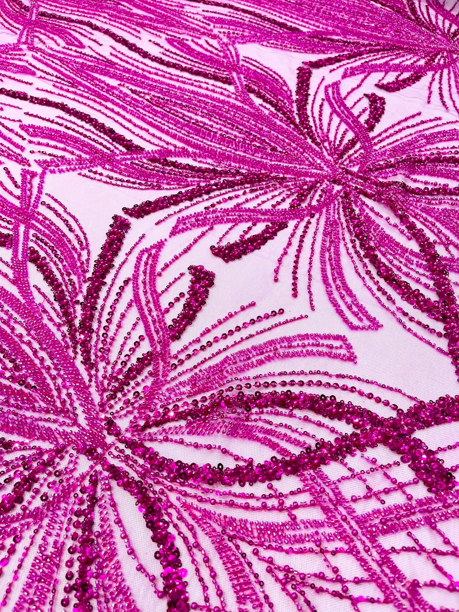 Palm Beaded Lace Fabric, Heavy Embroidered Design on 58" Mesh for Dresses