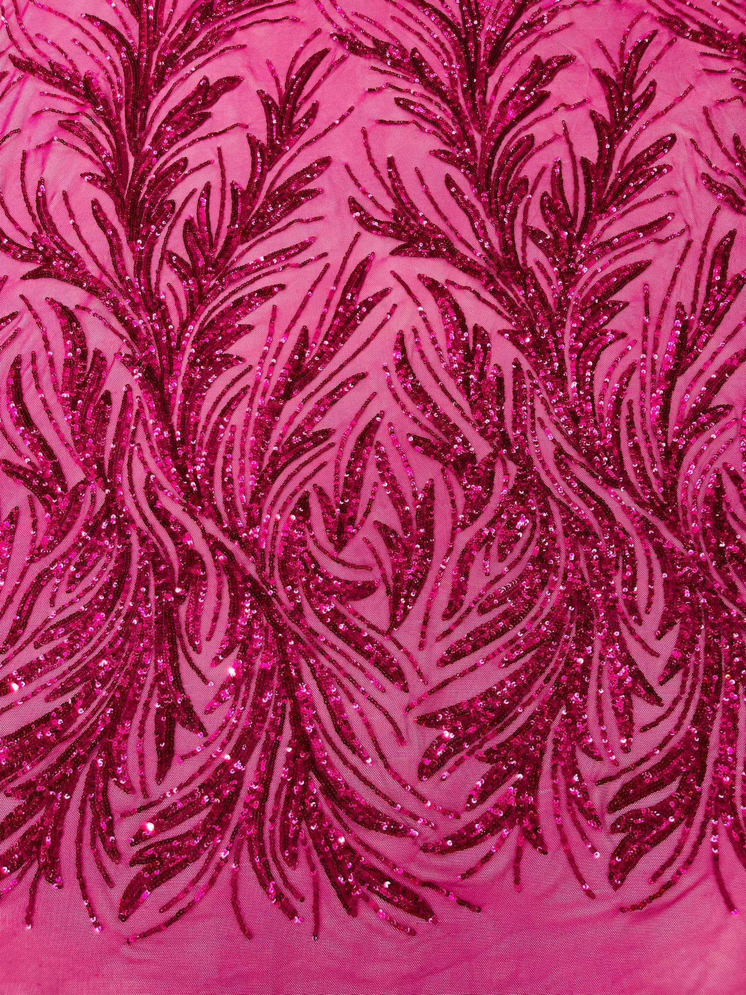 Feather Wing Shiny Sequin Design on a 4 Way Stretch mesh Fabric-Prom-Sold by The Yard.