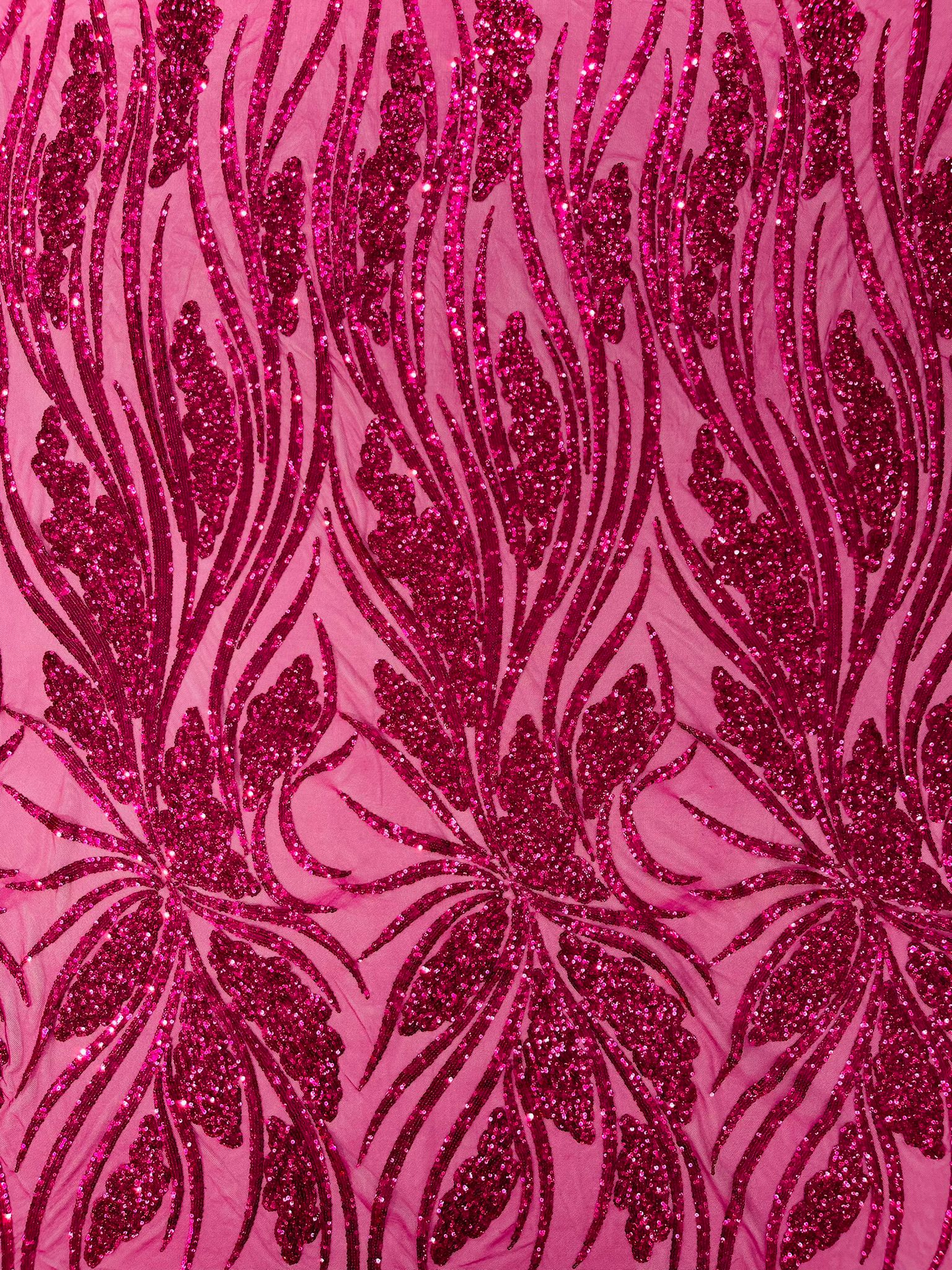 Feather damask shiny sequin design on a 4 way stretch White mesh Fabric-prom-sold by the yard.