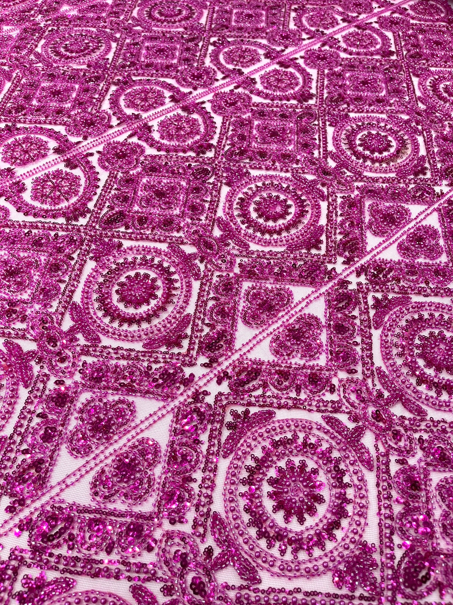 Geometric Beaded Lace Fabric, Heavy Embroidered Design on 58" Mesh for Dresses