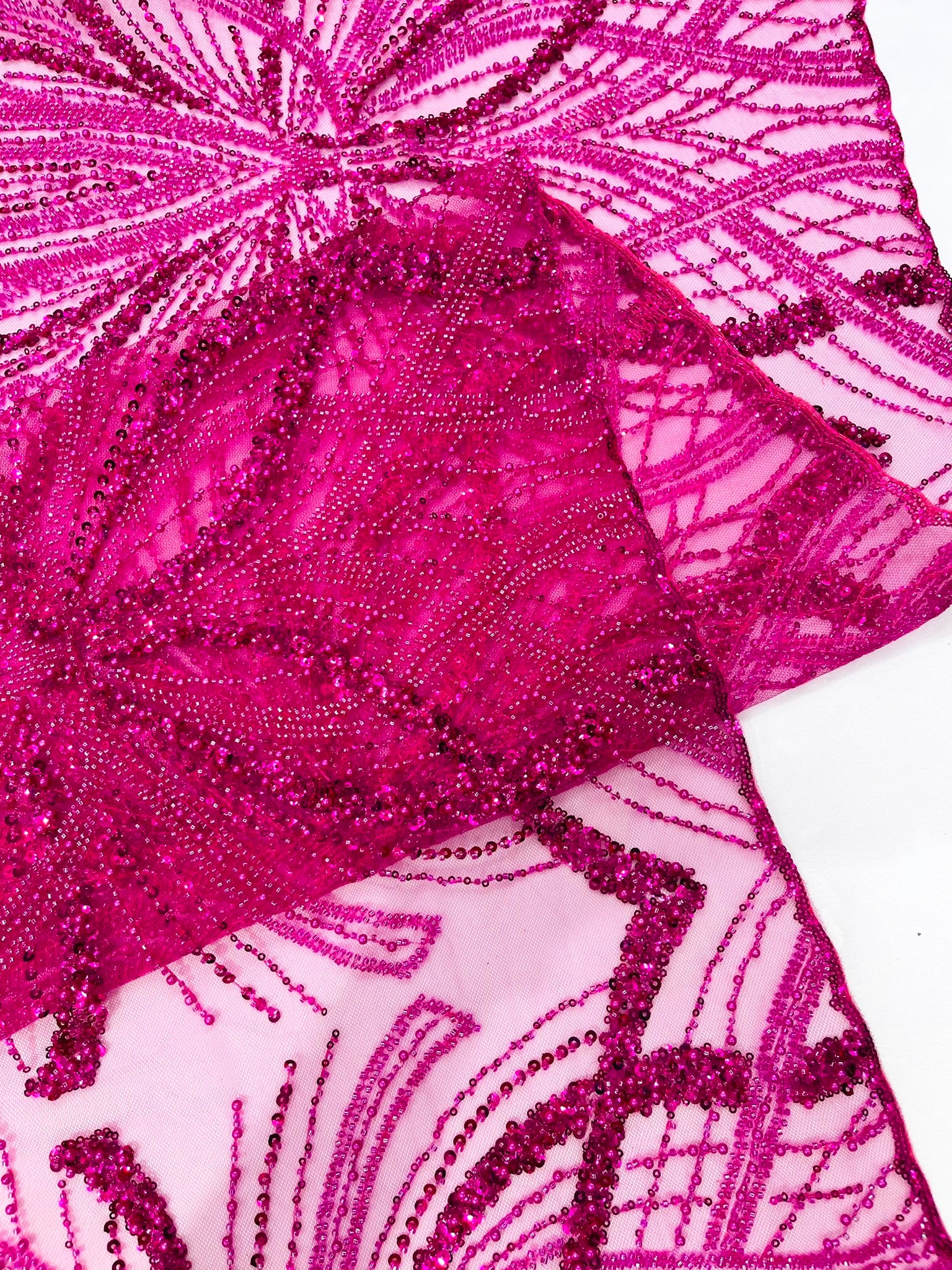 Palm Beaded Lace Fabric, Heavy Embroidered Design on 58" Mesh for Dresses