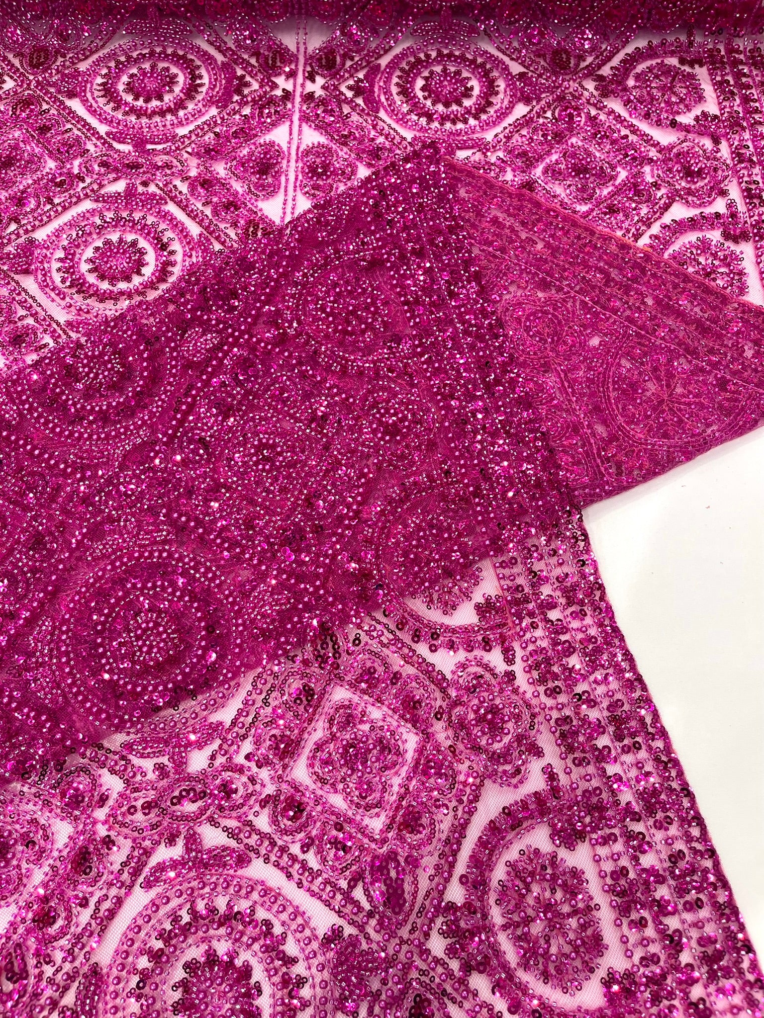 Geometric Beaded Lace Fabric, Heavy Embroidered Design on 58" Mesh for Dresses