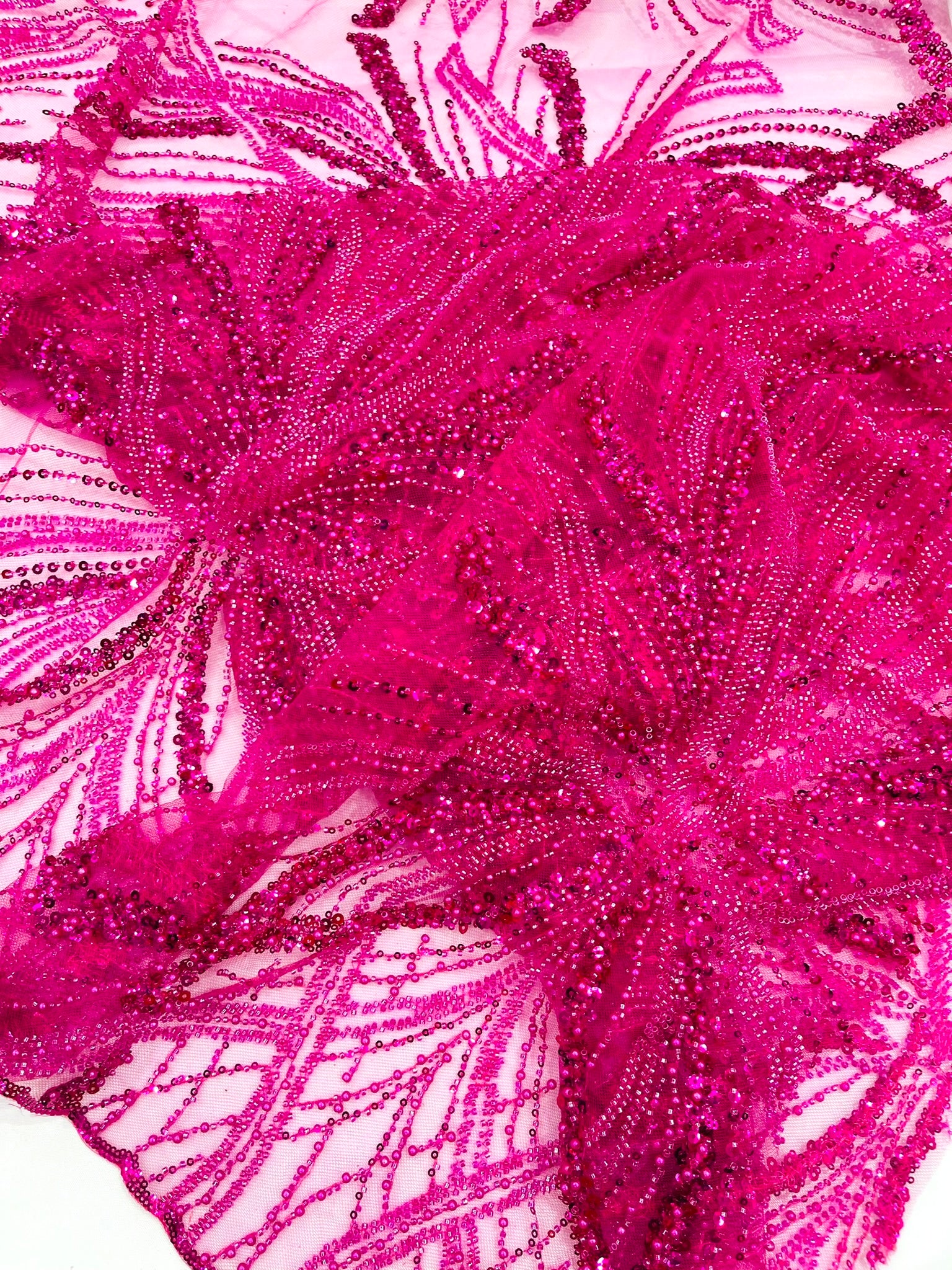 Palm Beaded Lace Fabric, Heavy Embroidered Design on 58" Mesh for Dresses