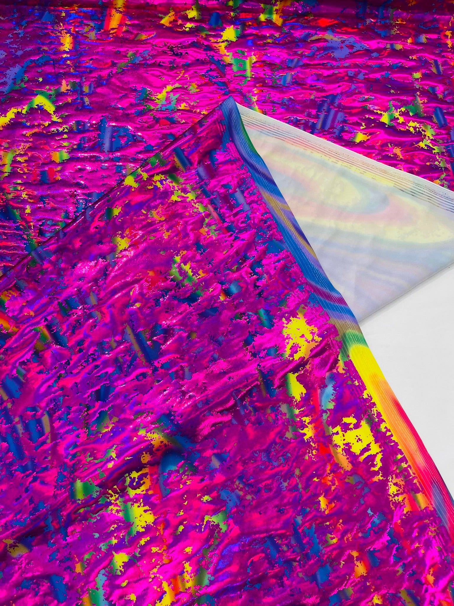 Splatter Foil Paint Metallic Print on a 4-way Stretch Tie Dye Nylon Spandex Tricot/Milliskin -Sold by the yard.