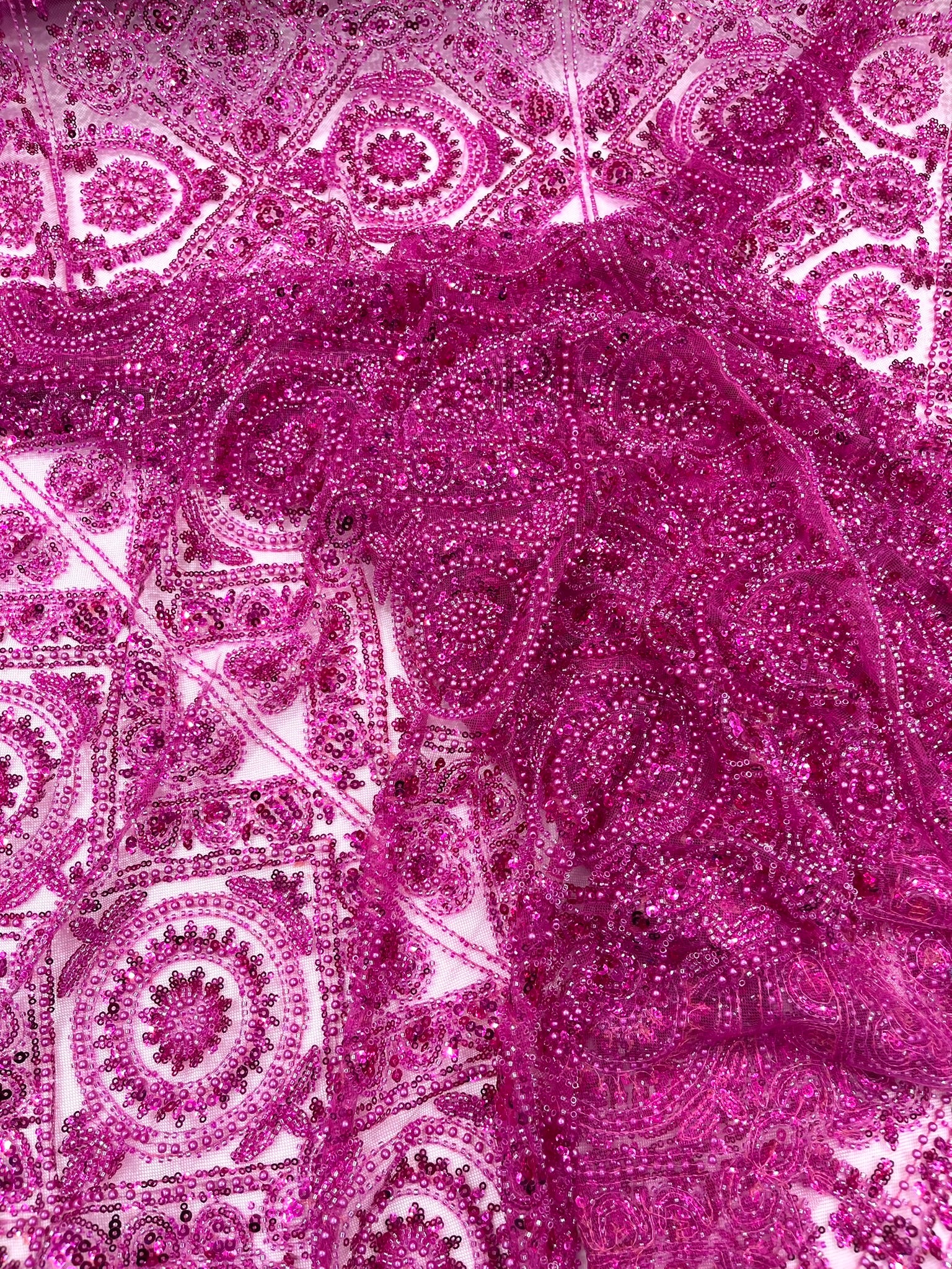 Geometric Beaded Lace Fabric, Heavy Embroidered Design on 58" Mesh for Dresses