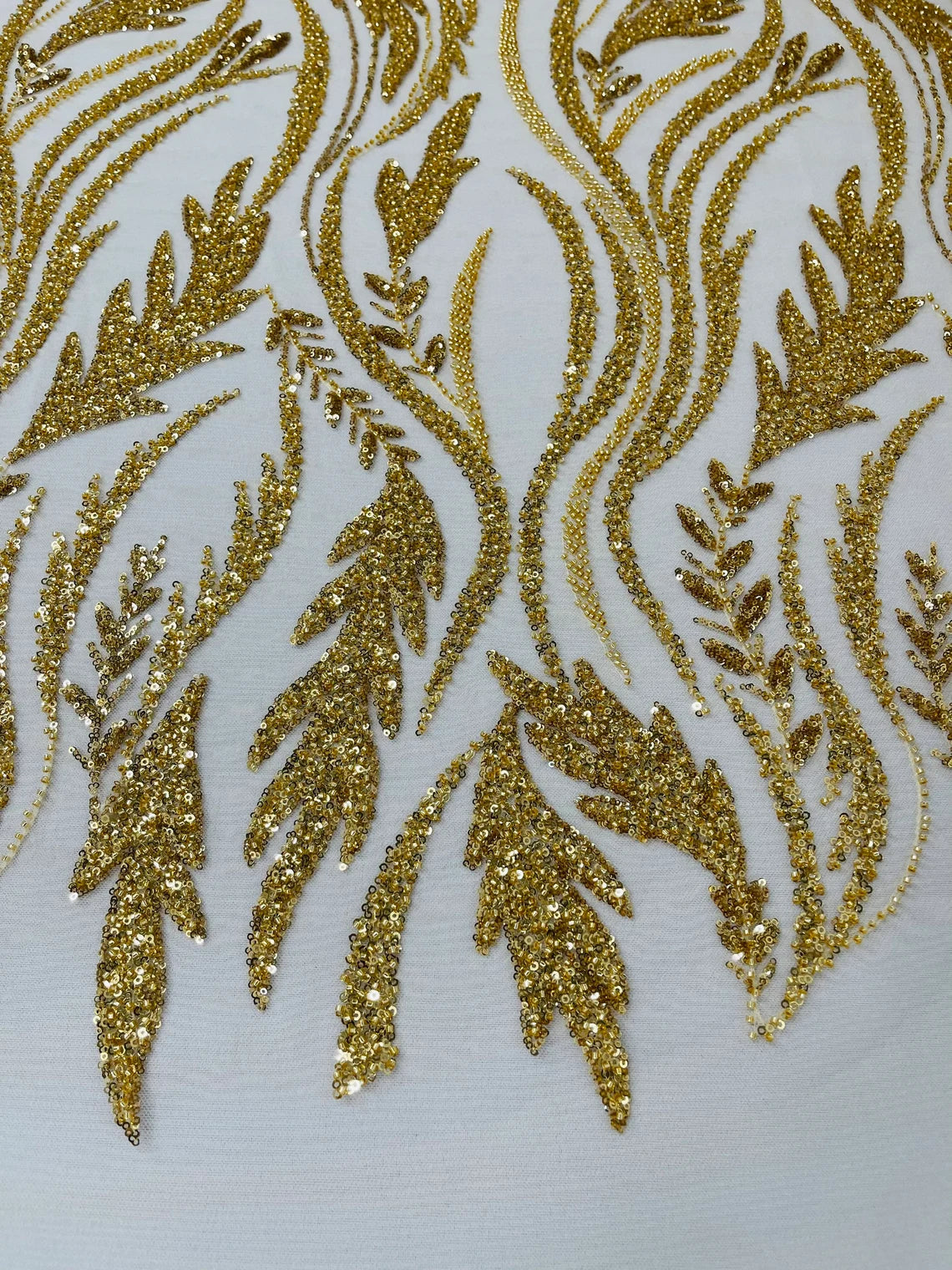 Wavy Beaded Leaf Fabric - Gold - Embroidered Beaded Leaf Pattern Lace Fabric Sold By The Yard