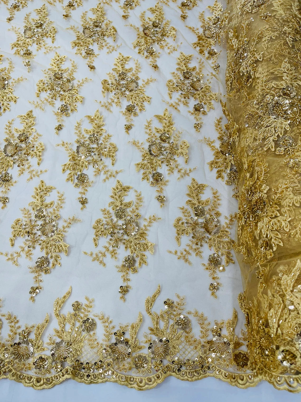 Floral Leaf Bead Sequins Fabric - Gold - Embroidered Flower and Leaves Design Fabric By Yard