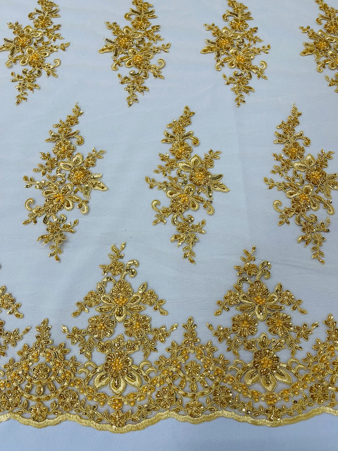 Beaded Clusters Design Fabric - Gold - Embroidered Floral Cluster Design Fabric By Yard