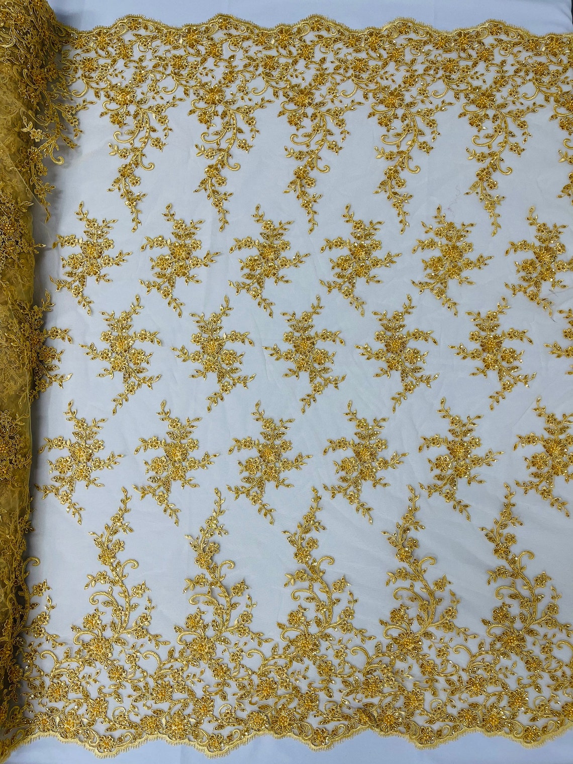 Floral Long Border Bead Fabric - Gold - Embroidered Floral Cluster Design Fabric By Yard