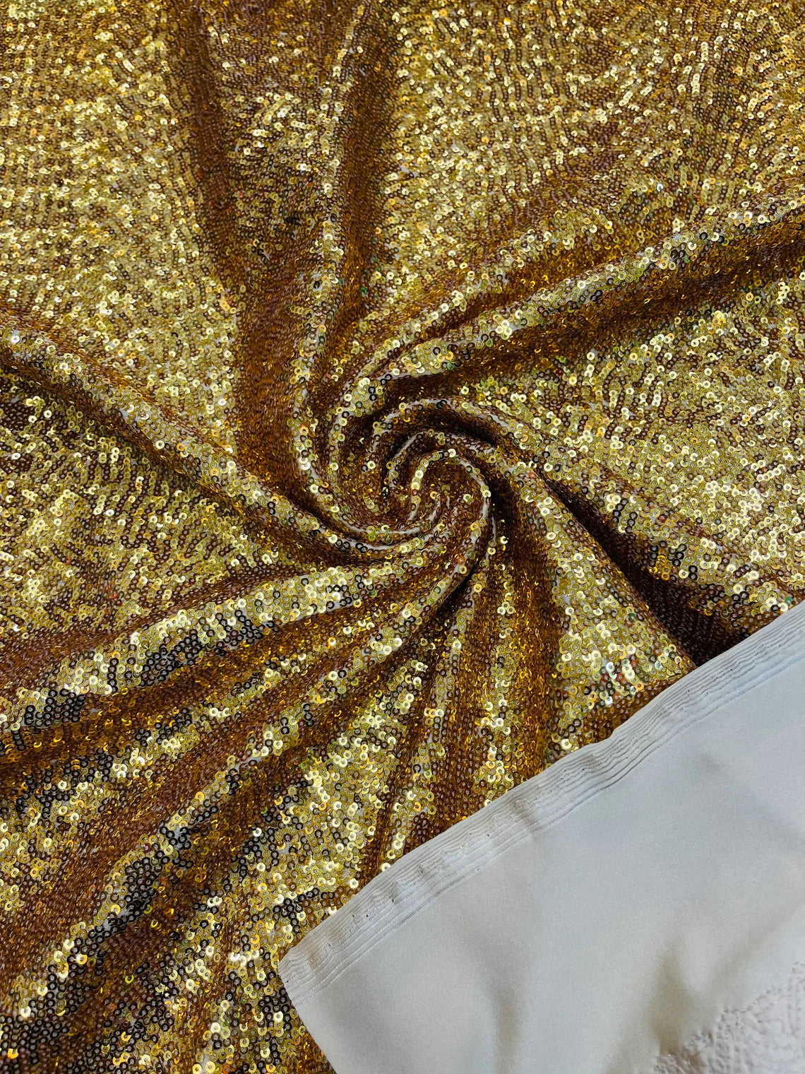 Mini Glitz Sequins on Milliskin - Gold - 4 Way Stretch Milliskin Stretch Spandex Fabric by Yard