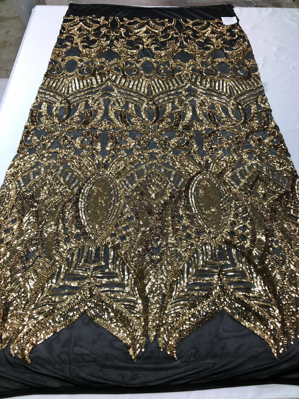 Royalty Damask Sequins Fabric - Gold on Black - Fancy Royal Lace Design 4 Way Stretch Sequins By Yard