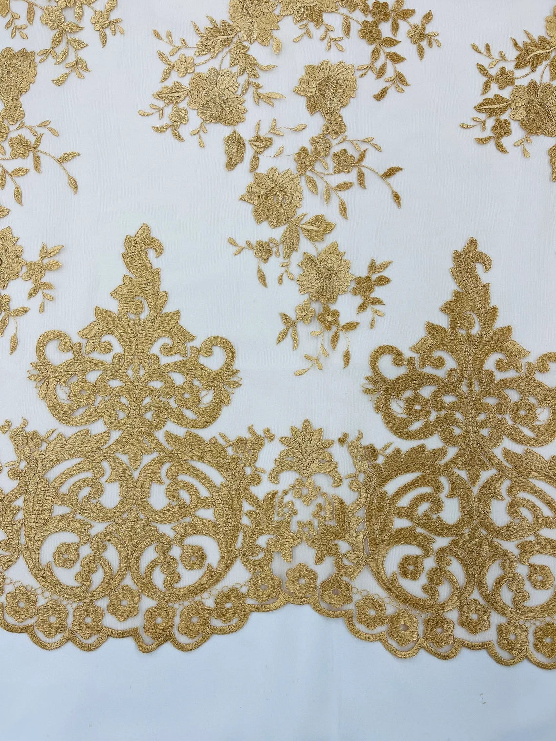Damask Design Lace Fabric - Gold - Embroidered Damask Fancy Beautiful Design Lace Fabric By Yard