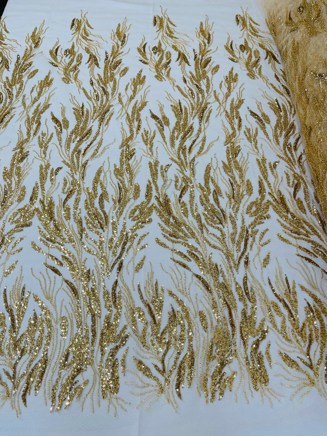 Wild Grass Design Bead Fabric - Gold - Embroidered Beaded Wild Grass Plant Design Fabric By  Yard