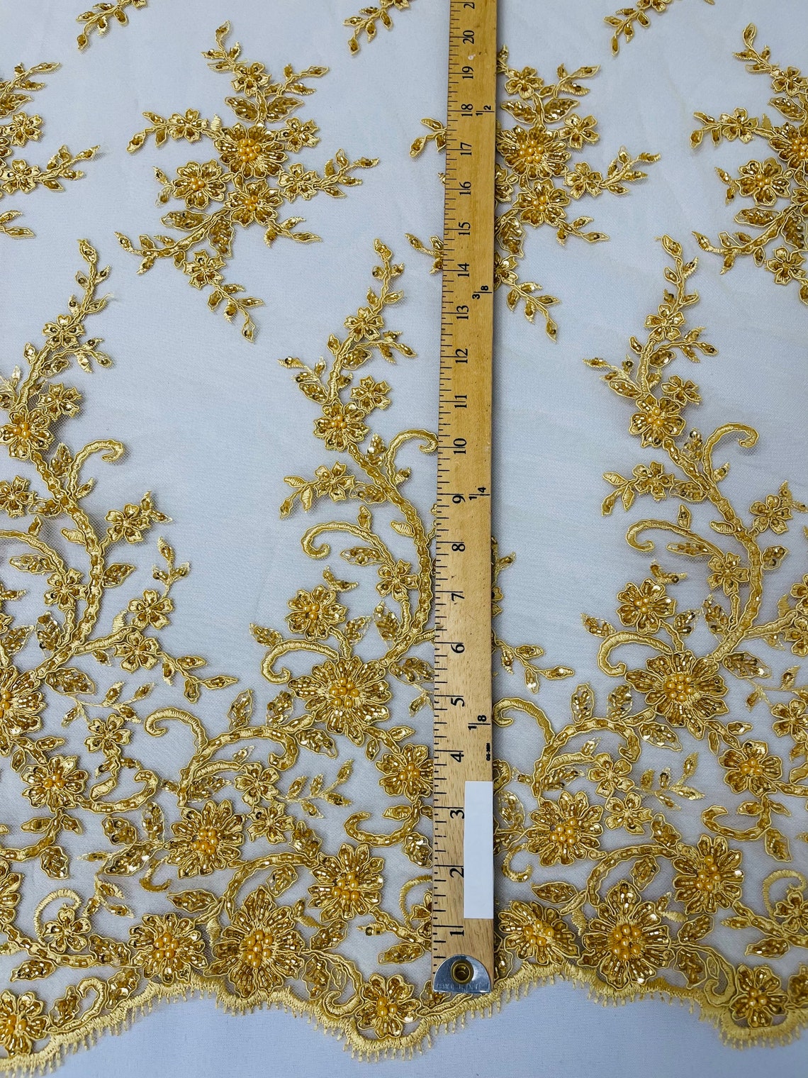 Floral Long Border Bead Fabric - Gold - Embroidered Floral Cluster Design Fabric By Yard