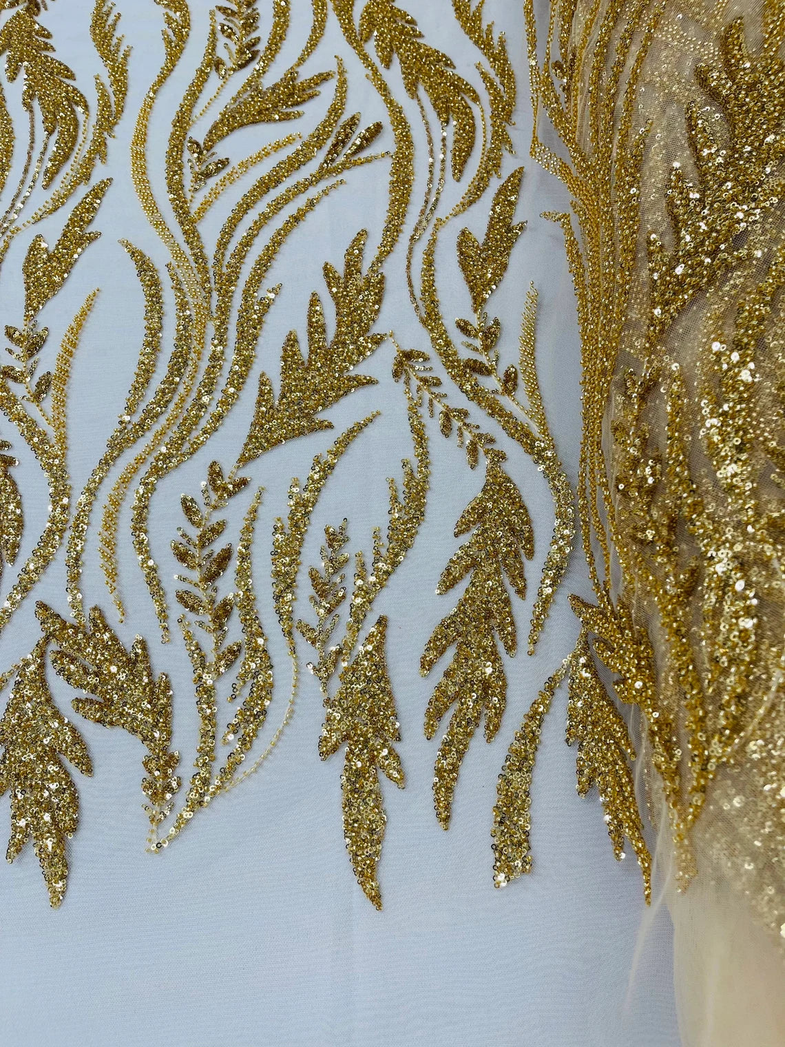 Wavy Beaded Leaf Fabric - Gold - Embroidered Beaded Leaf Pattern Lace Fabric Sold By The Yard