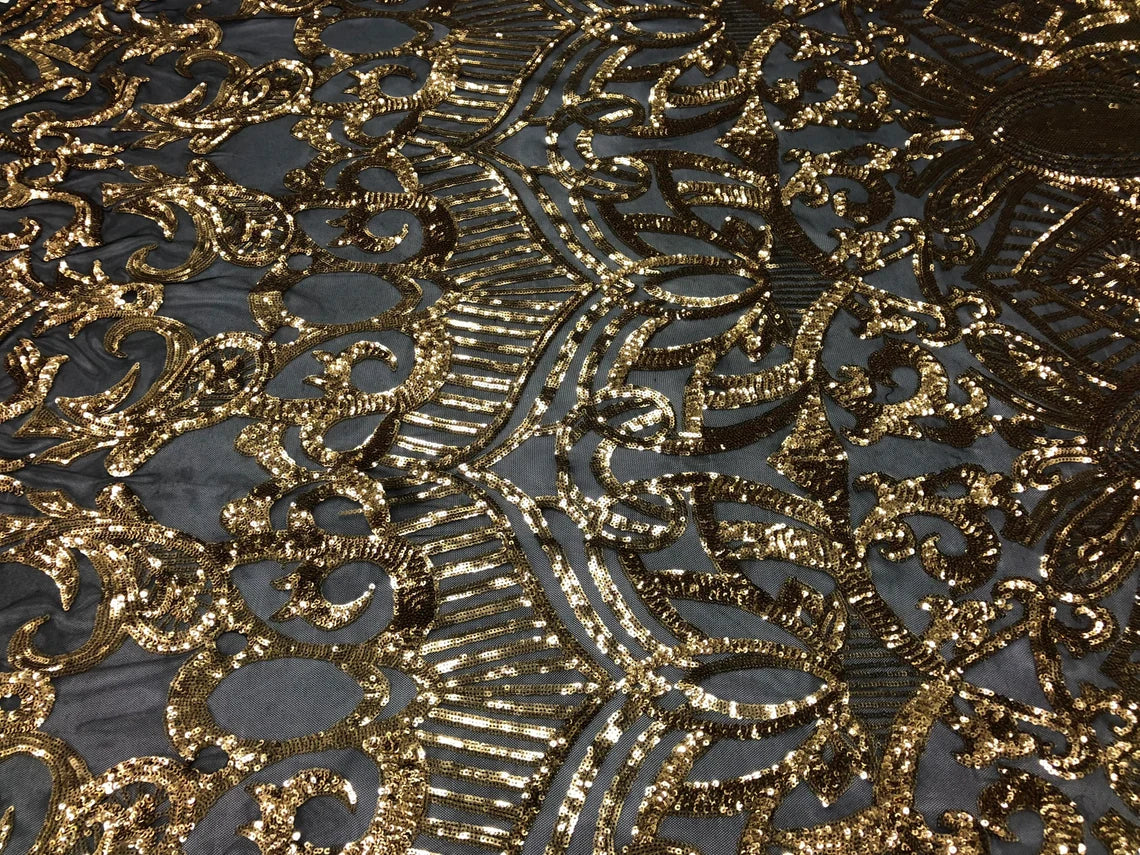 Royalty Damask Sequins Fabric - Gold on Black - Fancy Royal Lace Design 4 Way Stretch Sequins By Yard