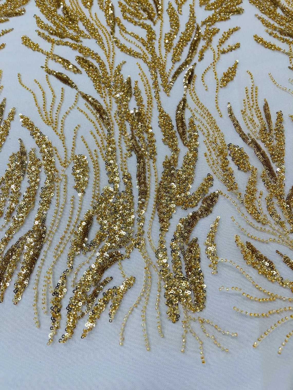 Wild Grass Design Bead Fabric - Gold - Embroidered Beaded Wild Grass Plant Design Fabric By  Yard