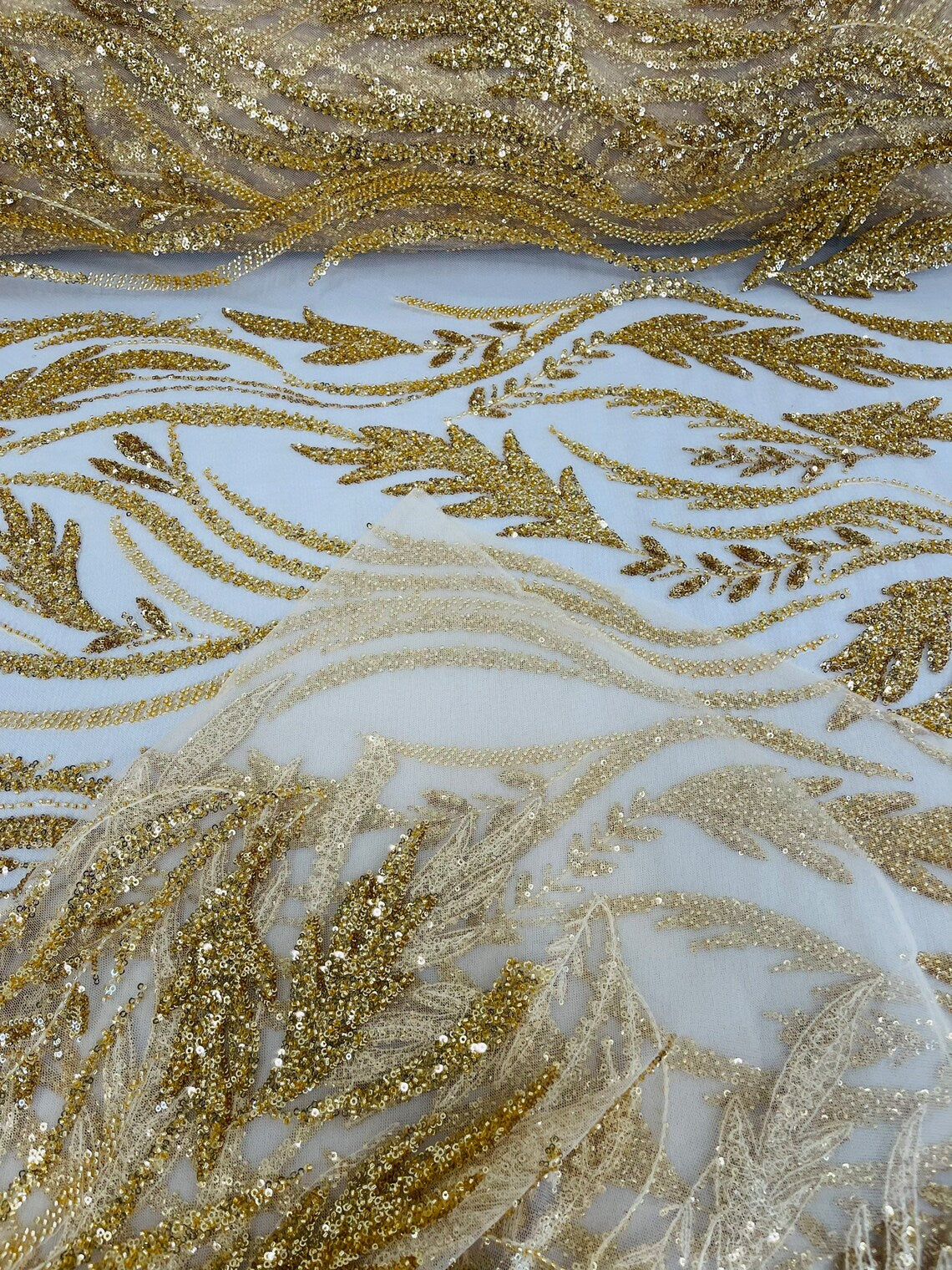 Wavy Beaded Leaf Fabric - Gold - Embroidered Beaded Leaf Pattern Lace Fabric Sold By The Yard