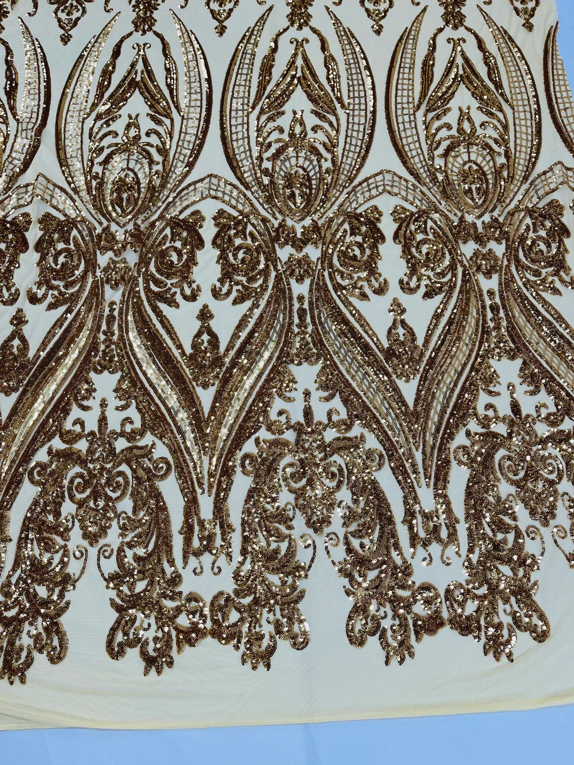 Big Damask 4 Way Sequins - Gold - Embroidered Damask Design Sequins Fabric Sold By Yard