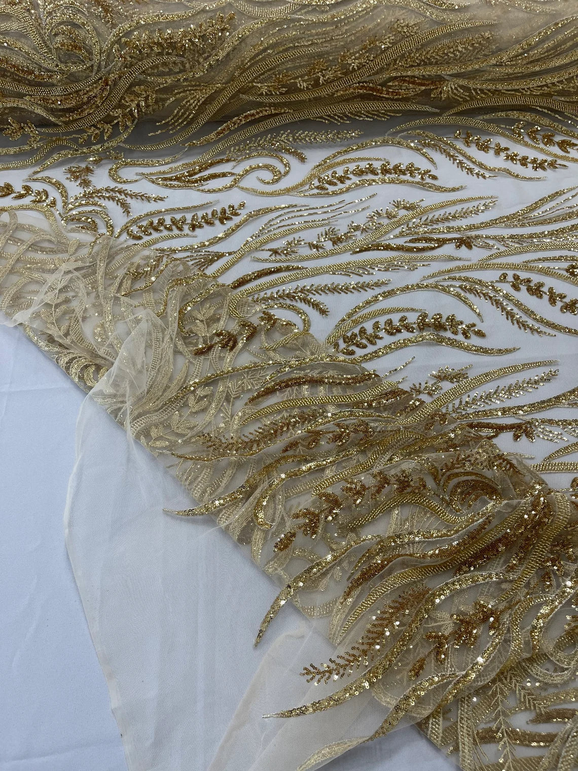 Sea Plants Design Bead Fabric - Gold - Embroidered Beaded Seaweed Design Fabric By Yard