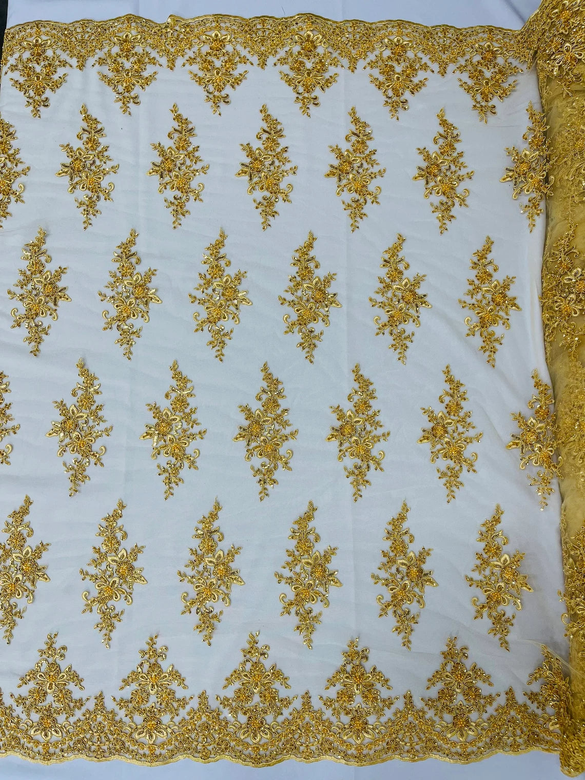 Beaded Clusters Design Fabric - Gold - Embroidered Floral Cluster Design Fabric By Yard