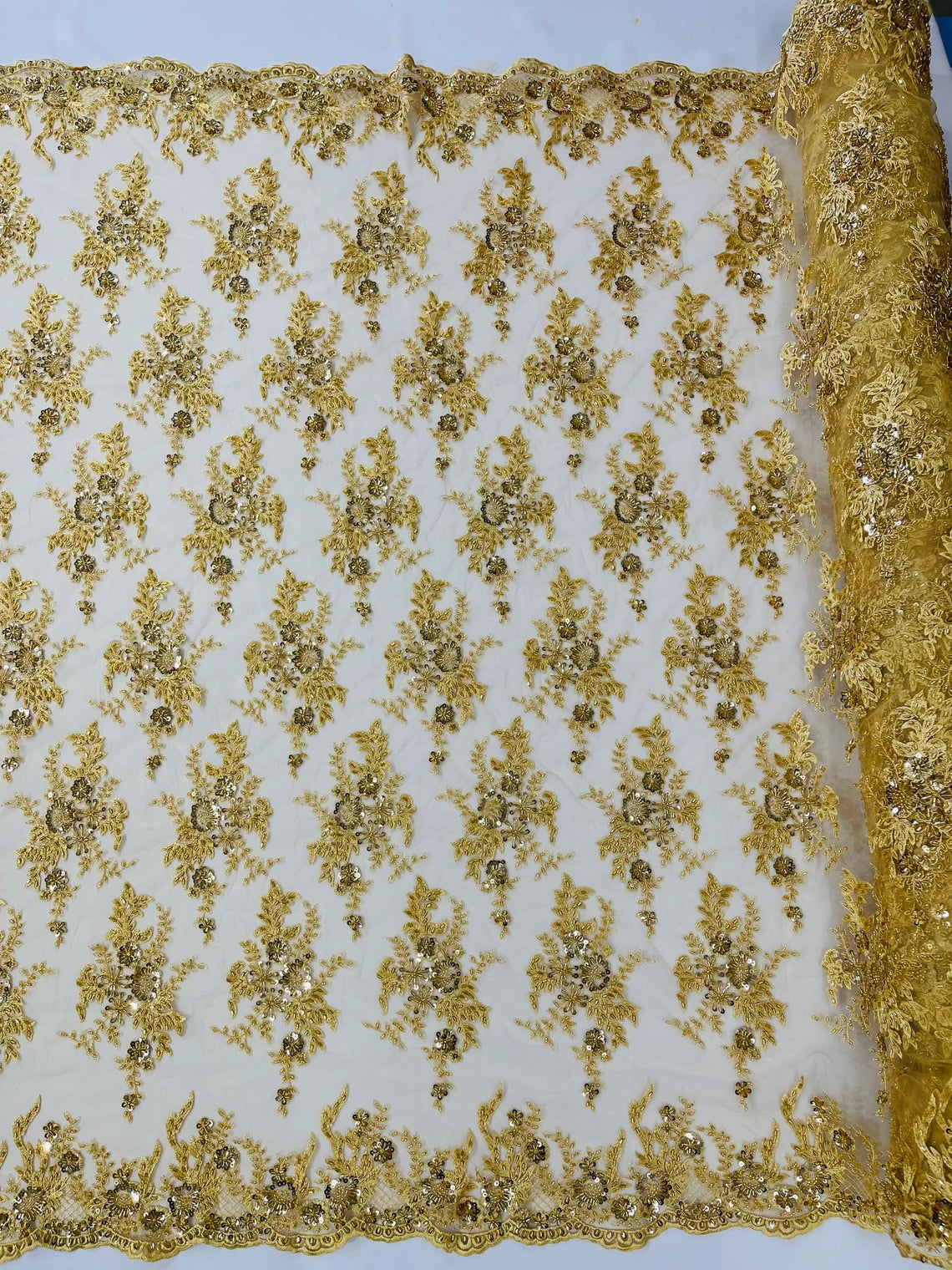 Floral Leaf Bead Sequins Fabric - Gold - Embroidered Flower and Leaves Design Fabric By Yard