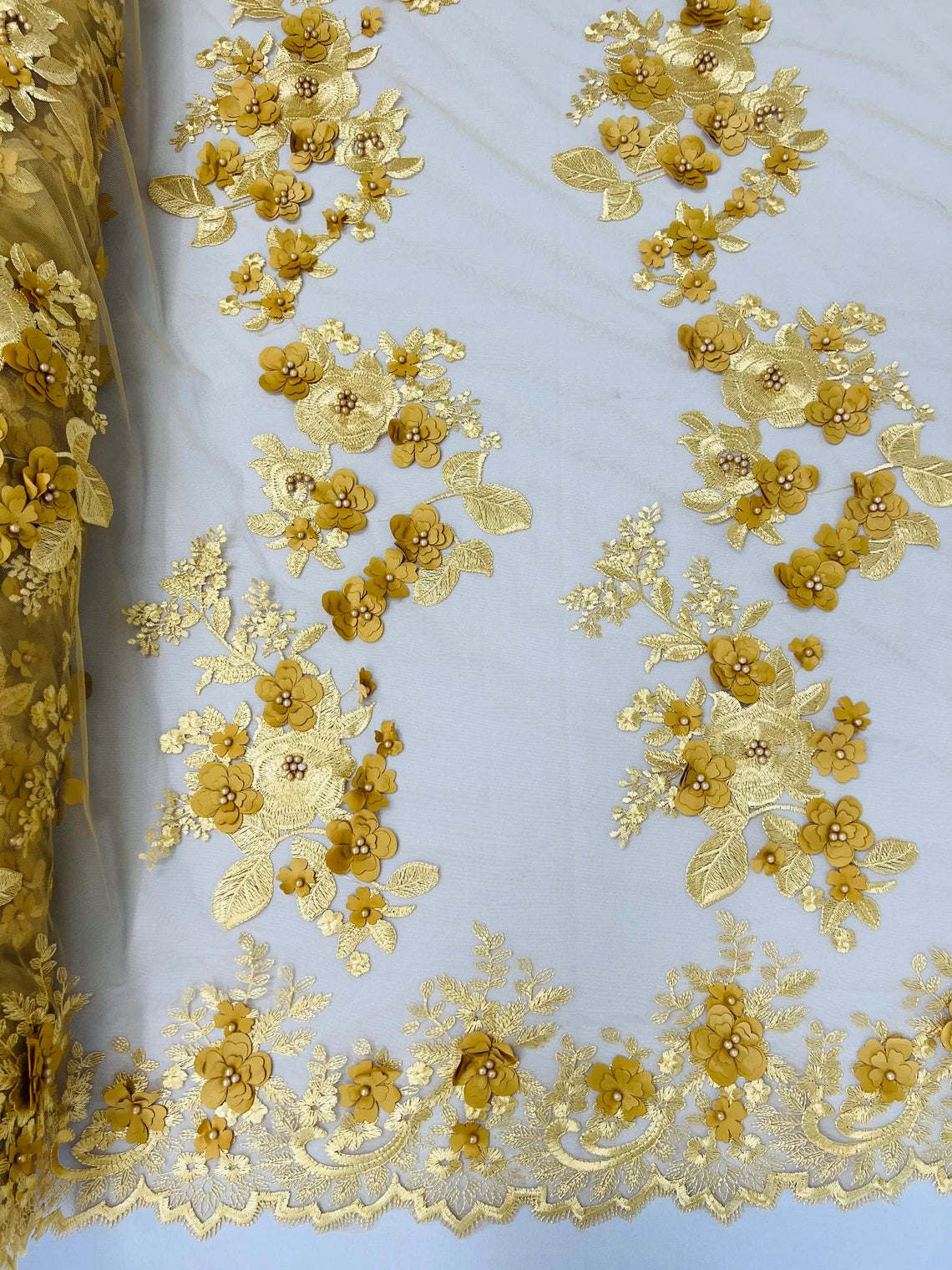 3D Flower Panels Fabric - Gold - Flower Panels Bead Embroidered on Lace Fabric Sold By Yard