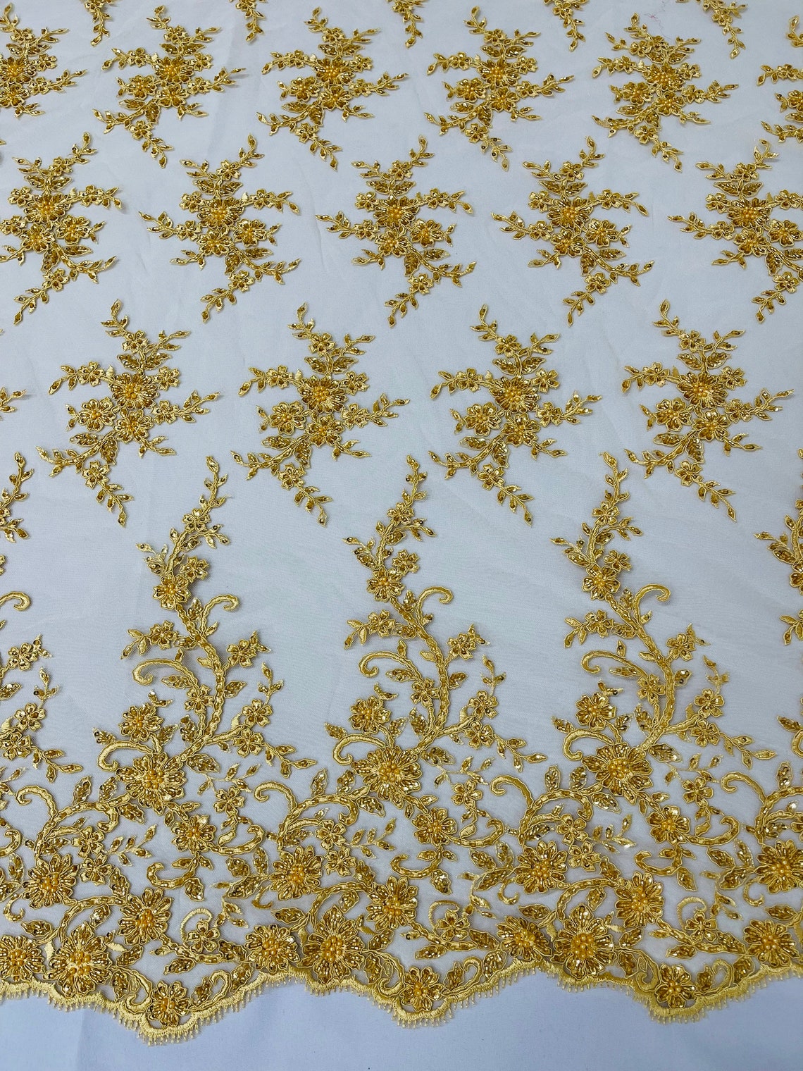 Floral Long Border Bead Fabric - Gold - Embroidered Floral Cluster Design Fabric By Yard