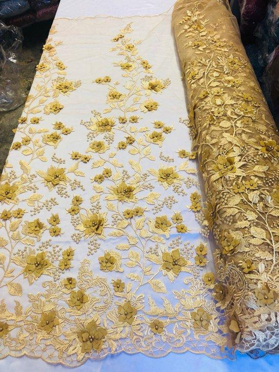 3D Floral Princess Fabric - Gold - Embroidered Floral Lace Fabric with 3D Flowers By Yard