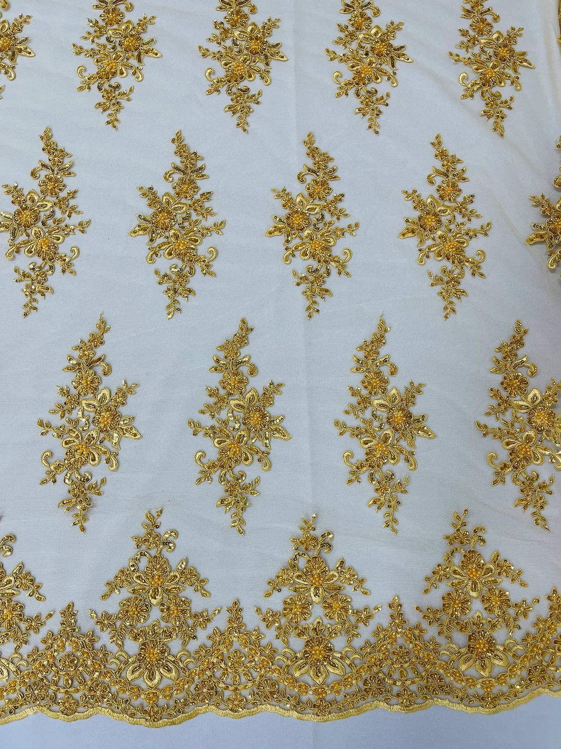 Beaded Clusters Design Fabric - Gold - Embroidered Floral Cluster Design Fabric By Yard