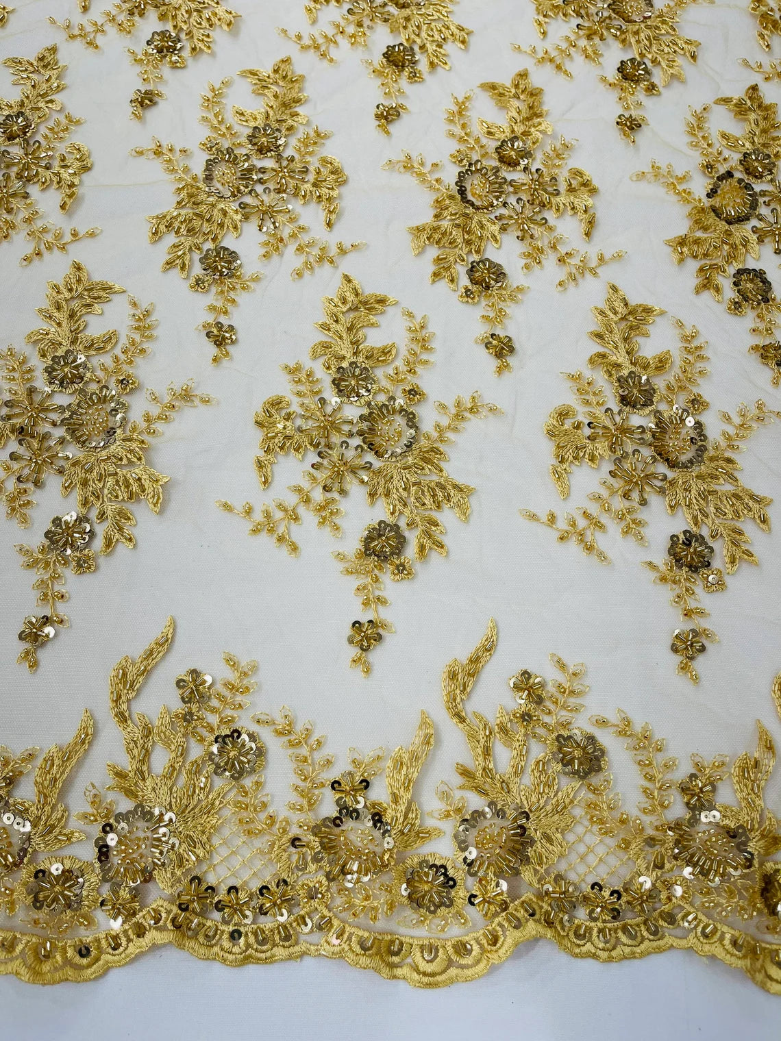 Floral Leaf Bead Sequins Fabric - Gold - Embroidered Flower and Leaves Design Fabric By Yard