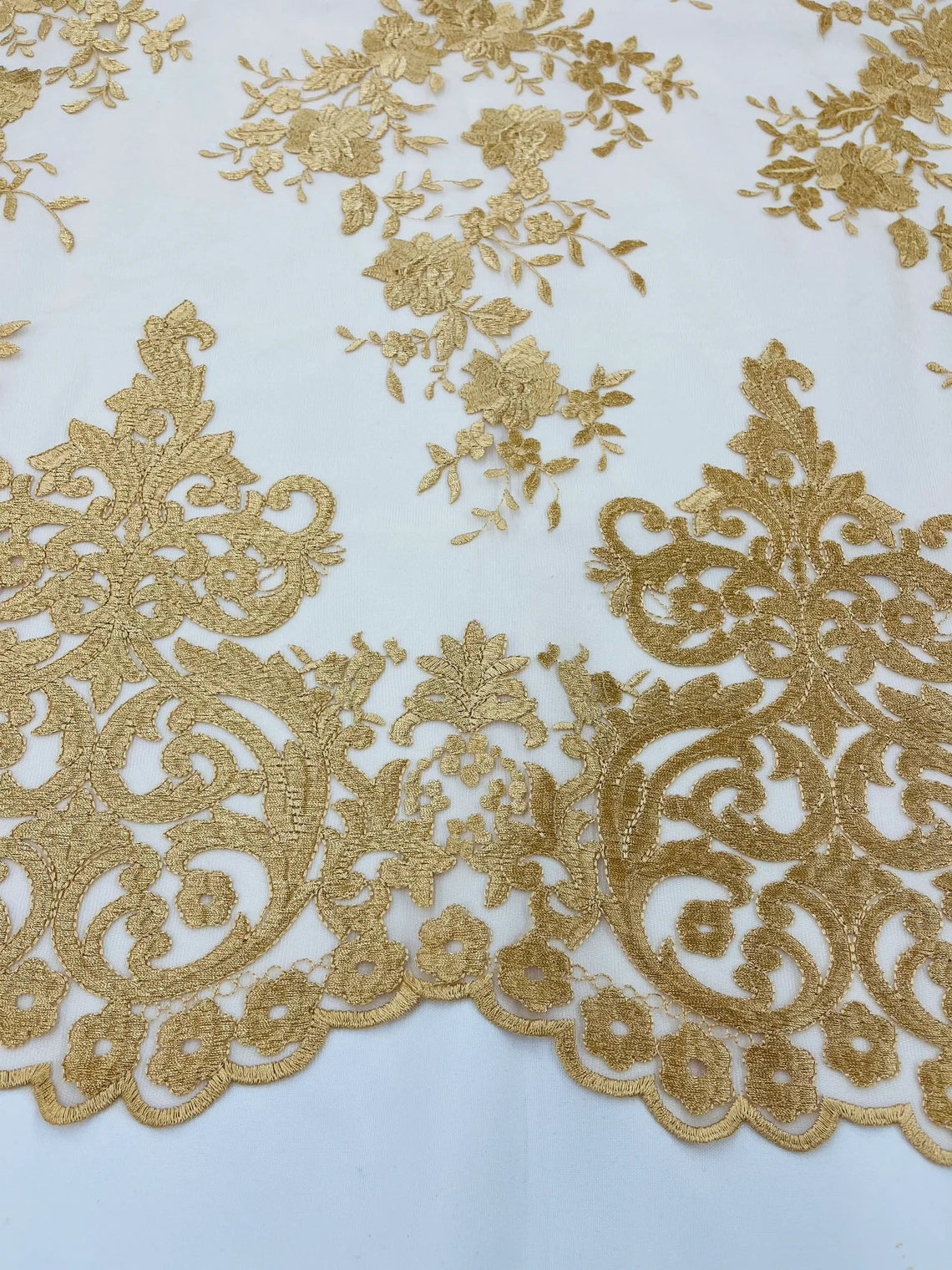 Damask Design Lace Fabric - Gold - Embroidered Damask Fancy Beautiful Design Lace Fabric By Yard