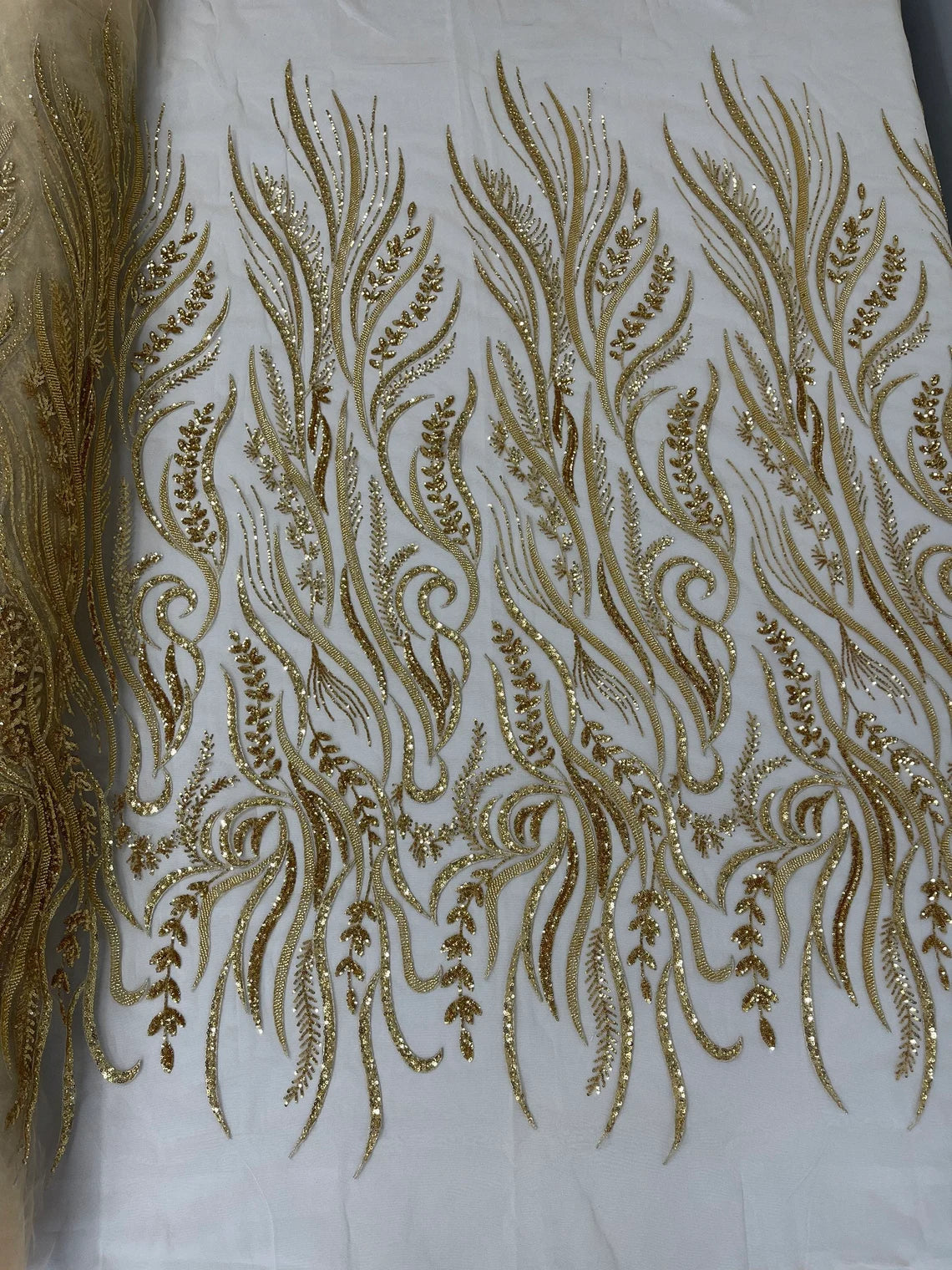 Sea Plants Design Bead Fabric - Gold - Embroidered Beaded Seaweed Design Fabric By Yard