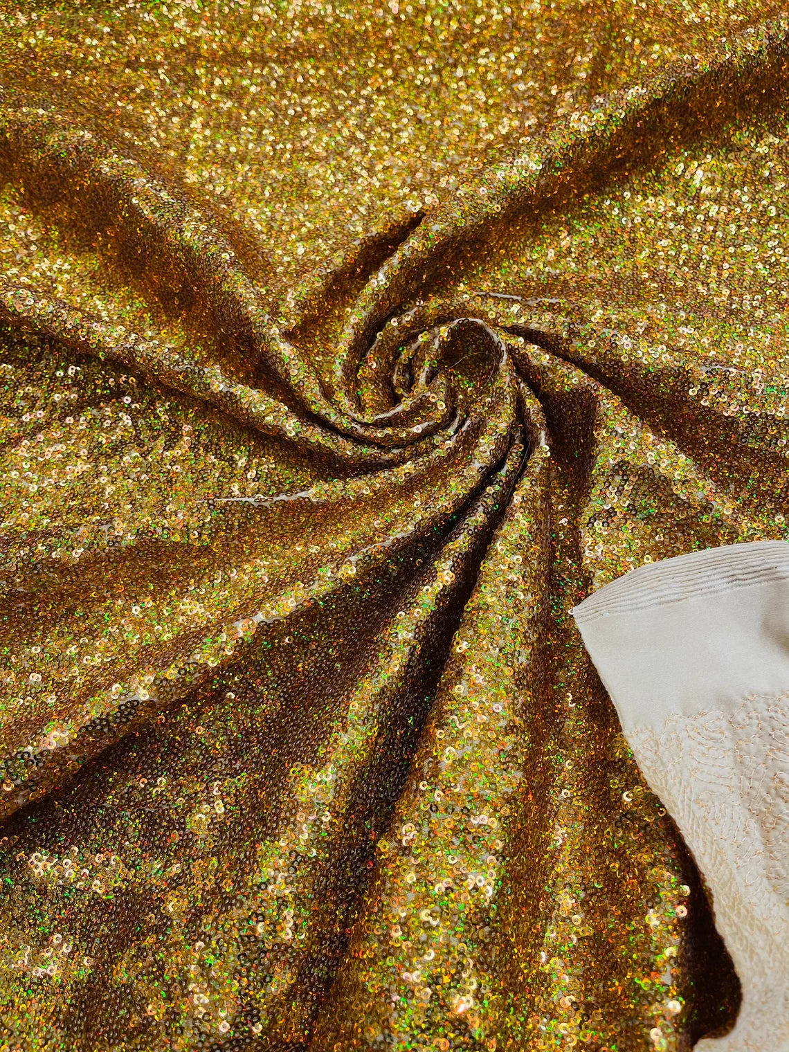 Mini Glitz Sequins on Milliskin - Gold Holographic - 4 Way Stretch Milliskin Stretch Spandex Fabric by Yard