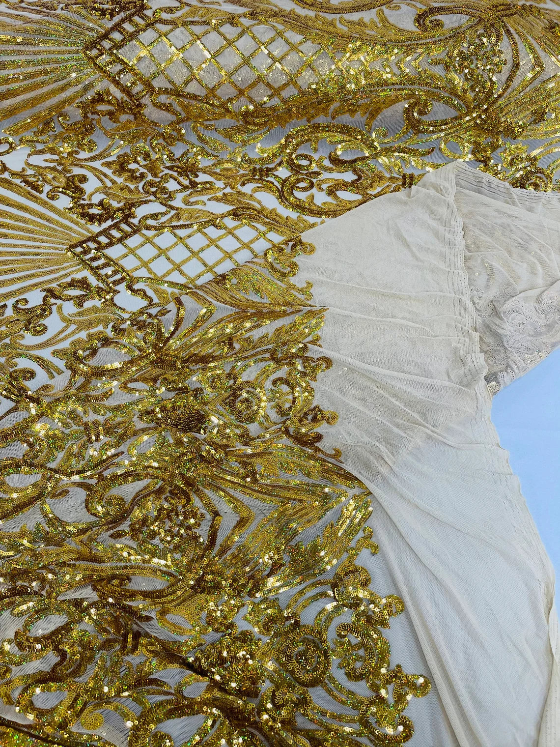 Seashell Geometric Sequins - Gold Holographic - Embroidered Sequins on 4 Way Stretch Lace Mesh Sold By Yard