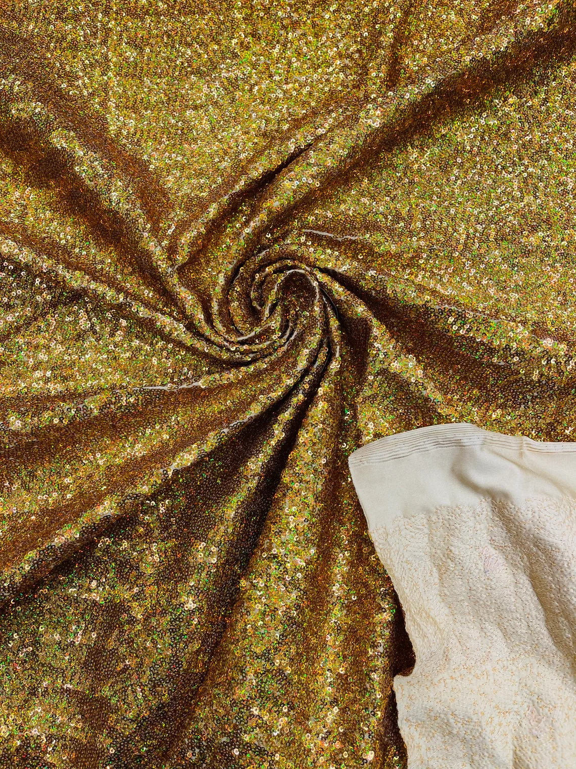 Mini Glitz Sequins on Milliskin - Gold Holographic - 4 Way Stretch Milliskin Stretch Spandex Fabric by Yard