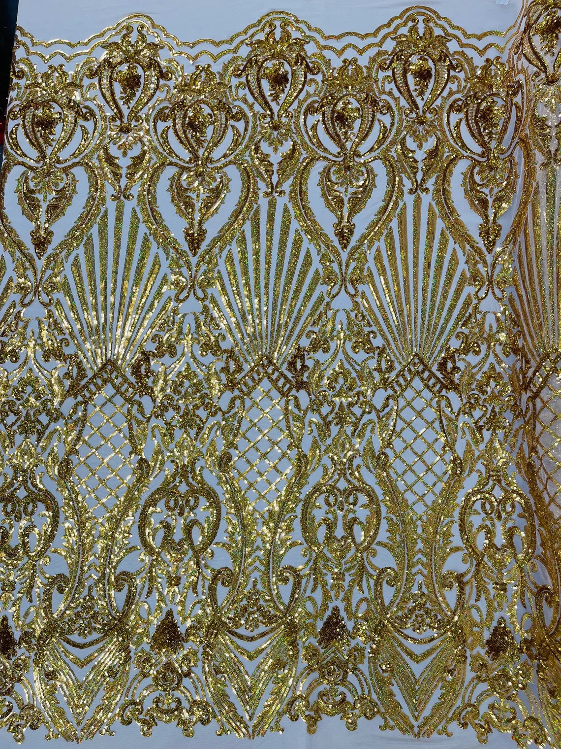 Seashell Geometric Sequins - Gold Holographic - Embroidered Sequins on 4 Way Stretch Lace Mesh Sold By Yard