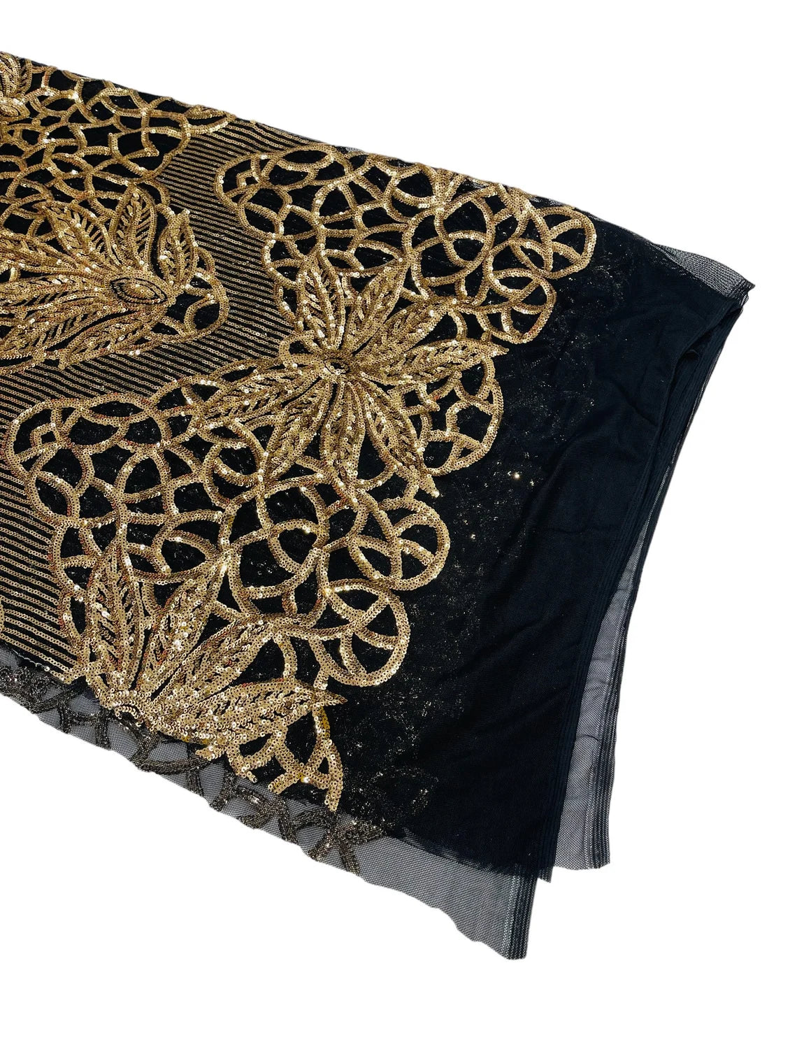 Gorgeous Star Leaf Fabric - Gold on Black - Leaf Design Embroidered 4 Way Stretch Sequins Fabric By Yard